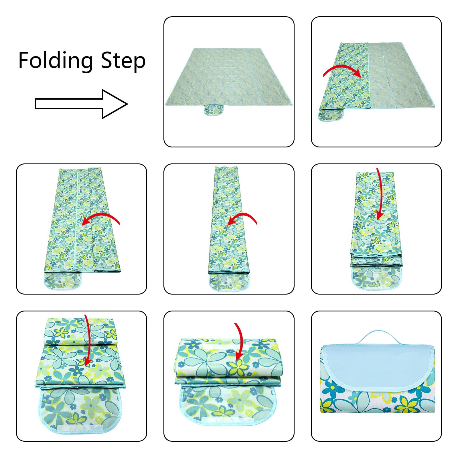 Eucomir Coperta da Picnic Portatile 200 x 200 CM, Impermeabile, Pieghevole, con Manico Portatile, Unisex,per Outdoor Giardino Campeggio, Lily Blu