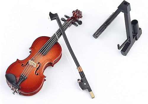 Miniatura 6 de Dselvgvu - Violín miniatura de madera con soporte, arco y estuche, mini instrumento musical, modelo de casa de muñecas en miniatura, decoración del