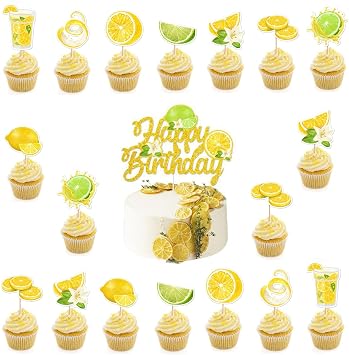 25Pcs Lemon Birthday Cake Decorations, 1pc Glitter Happy Birthday Cake Topper with 24pcs Lemon Cupcake Toppers, Fruits Lemon Theme Cupcake Picks Lemonade Cake Decor