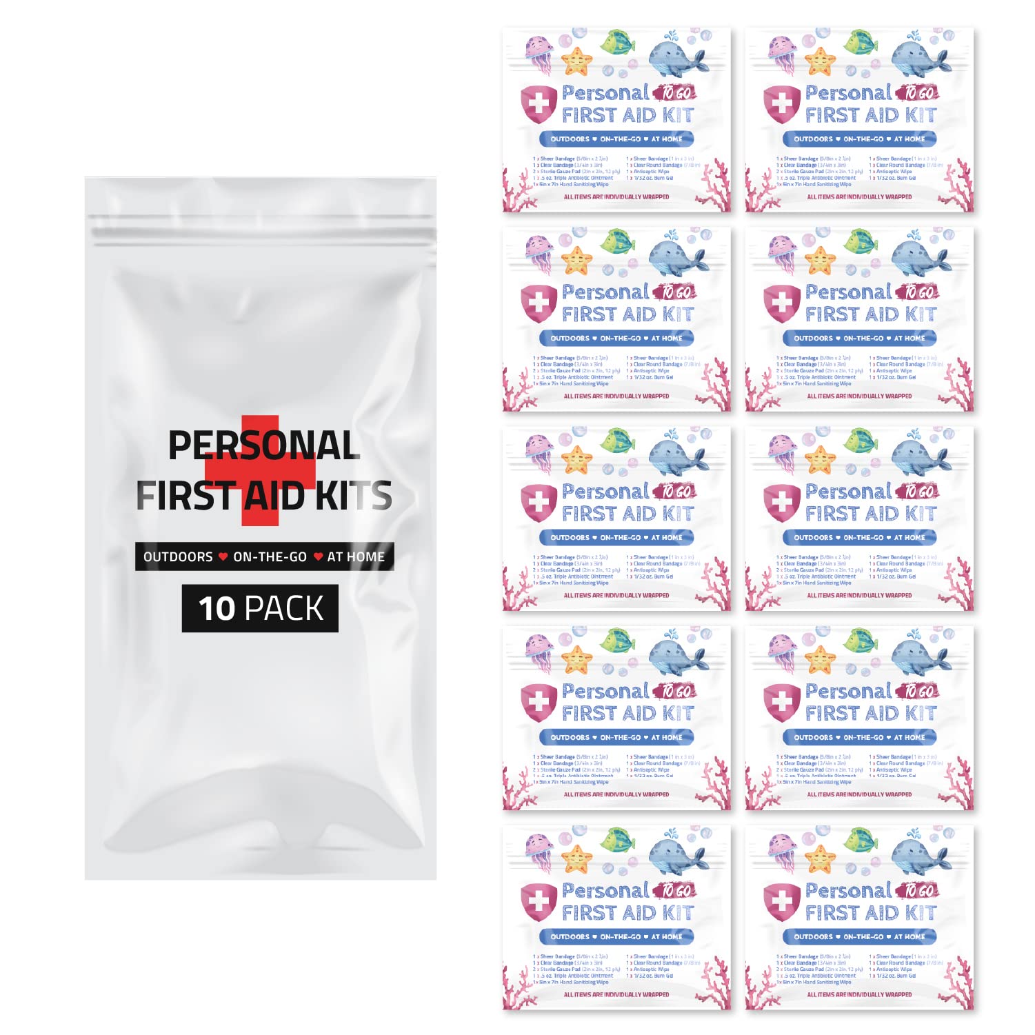 First Aid Emergency Medical Kit Mini and Travel Size - 10 Pack | Great for Kids, Schools, Business, Hiking, Camping | Wound Care Products (Sea Life)