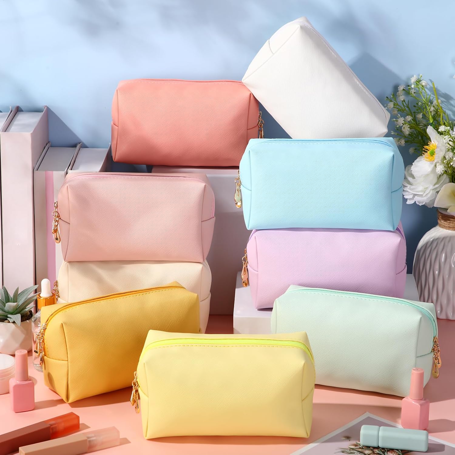 Sanwuta 9 Pcs Makeup Bags Bulk PU Double Zippers Cosmetic Bag Makeup Toiletry Small Pouch Portable Travel Organizers Case for Women Bridesmaid Proposal Gifts(Macaron Colors)
