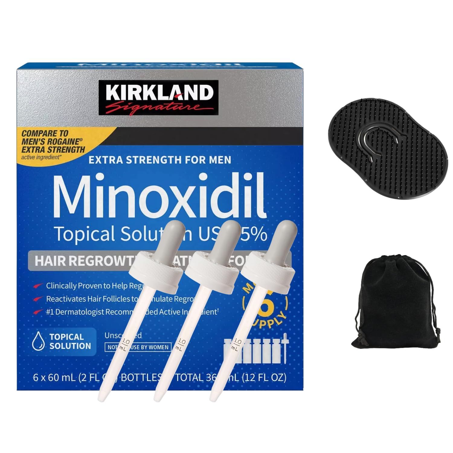 Kirkland Signature Extra Strength Minoxidil 5% Topical Solution (6-Month Supply) with 3x Droppers and Genco Hair Massager and Travel Pouch | Growth Treatment and Hair Loss Prevention, 2 Fl Oz, 6 Pack