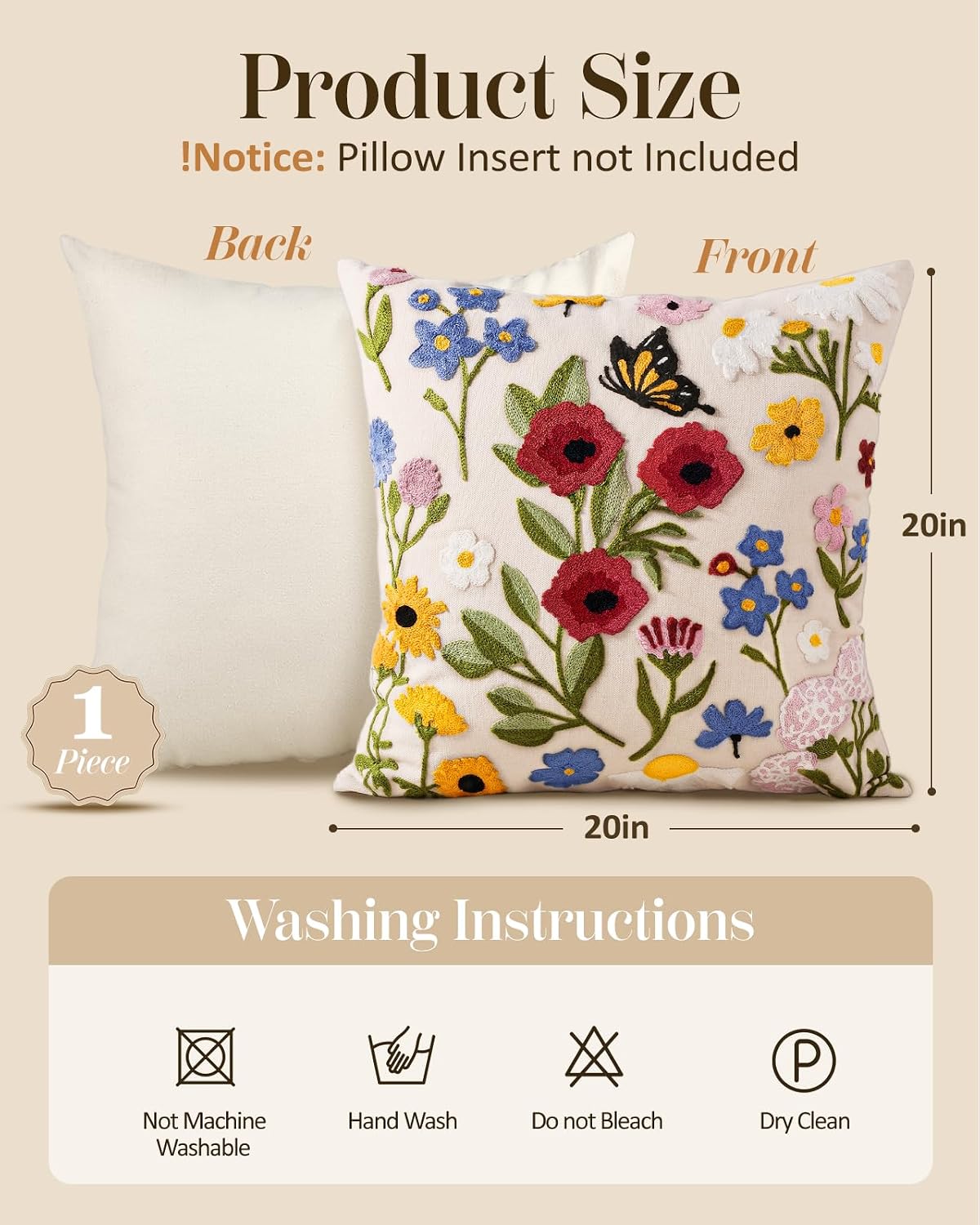 Embroidered Throw Pillow Cover 20x20 Inch, Retro Flower image 4