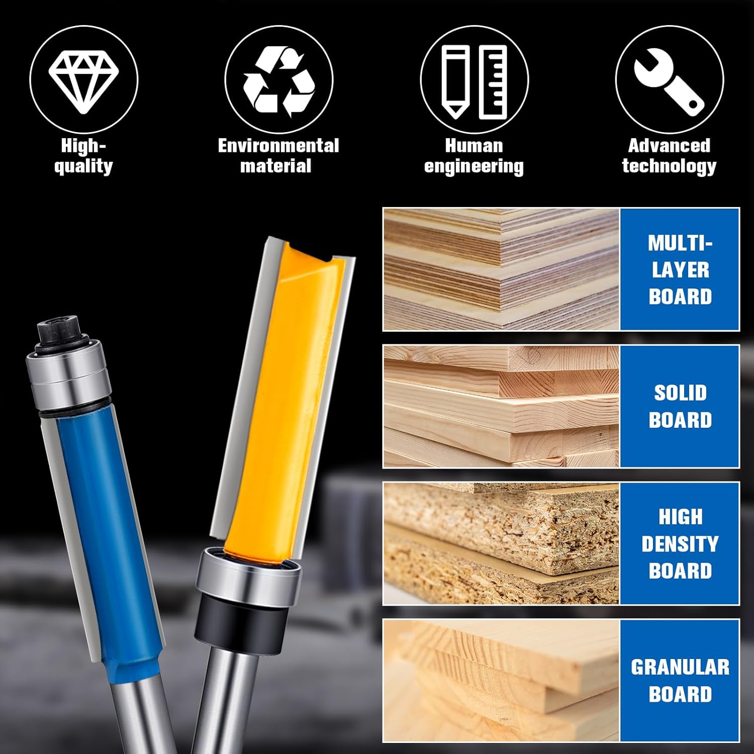 12 Pcs Router Bits Including 4 Flush 4 Roundover 4 Pattern Flush Trim Router Bits, All 1/4 Shanks, Ideal for Cutting on Wooden Materials, 4 Sizes, 3styles