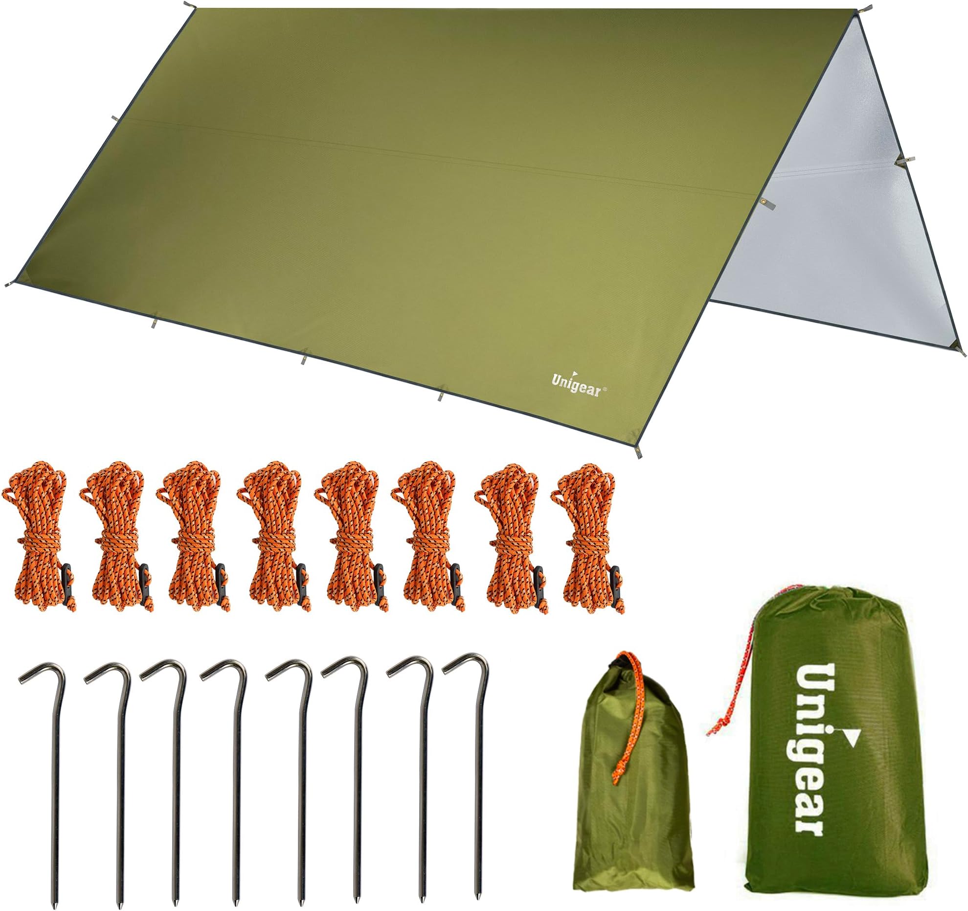 Unigear Hammock Rain Fly, 16.5/14.4/13.1/9.8ft Camping Tarp, UV Protection & Waterproof & Lightweight for Camping, Backpacking and Outdoor Adventure (Green, 14.4 * 14.4ft)