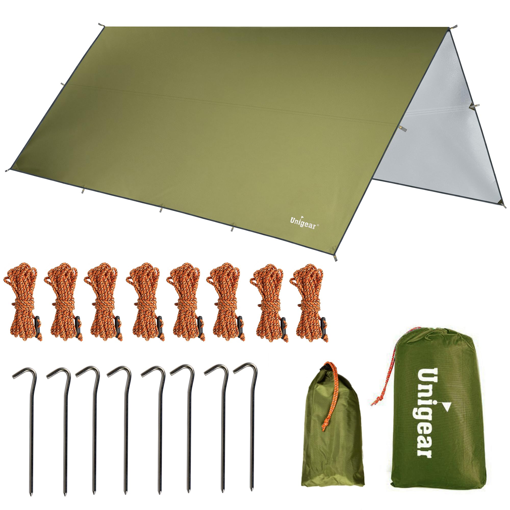 Unigear Tarp 4 x 4 Waterproof Tent Tarpaulin for Hammock with Eyelets + 8 Pegs + 8 Ropes, Rain Cover Sun Protection for Outdoor Camping Reusable