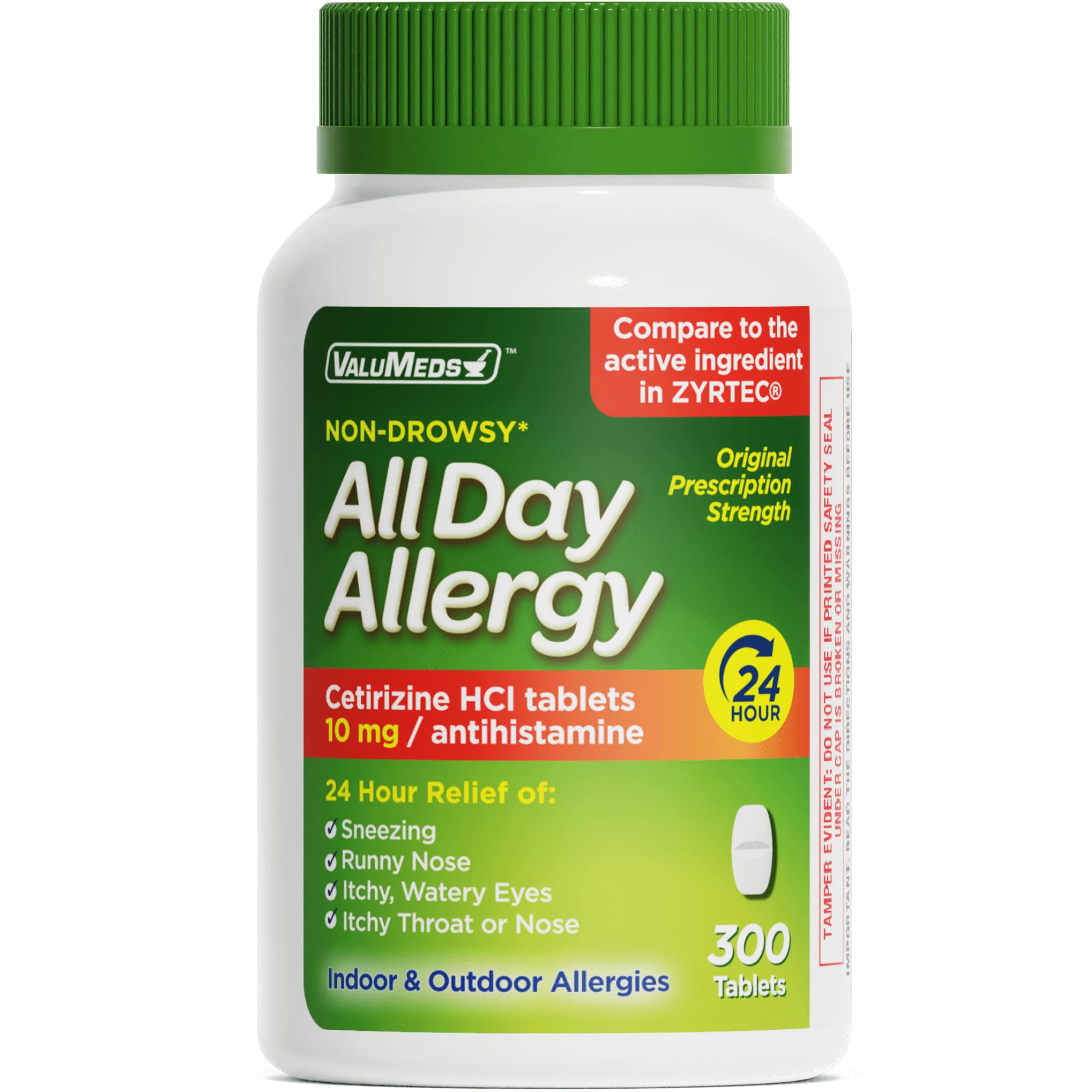 ValuMeds 24-Hour Allergy Medicine Antihistamine for Pollen, Hay Fever, Dry, Itchy Eyes, Allergies | Cetirizine HCl 10mg Caplets, Compare to Leading Brand (300 Count)