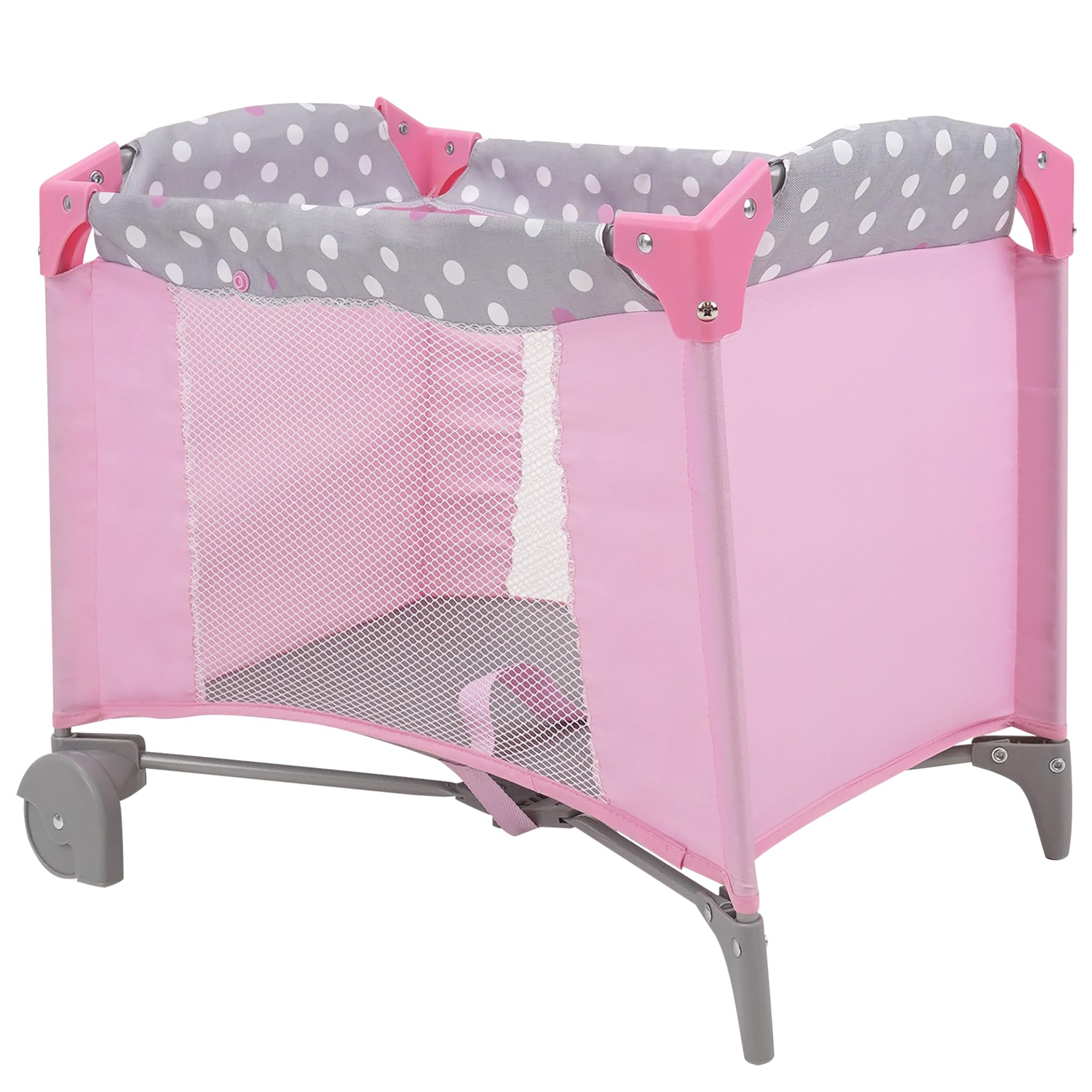 509 Crew: Cotton Candy Pink: Giardino di gioco per bambole - rosa, grigio, a pois - per bambole fino a 45,7 cm, pieghevole, baldacchino retrattile, per bambini dai 3 anni in su