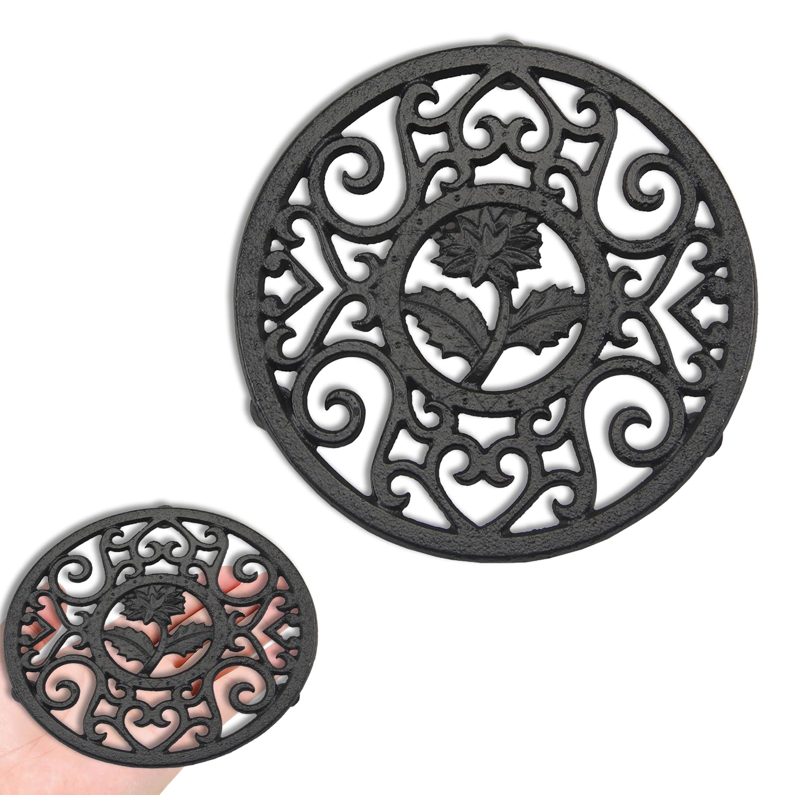 13.2cm Round Cast Iron Trivet Tea Pot Carved Stand, Flower Designed and Non-Slip Metal Table Heat Insulation Mat for Kitchen Teapot Base, Vintage Floral Pattern Heat Resistant Tea Mat for Hot Pans
