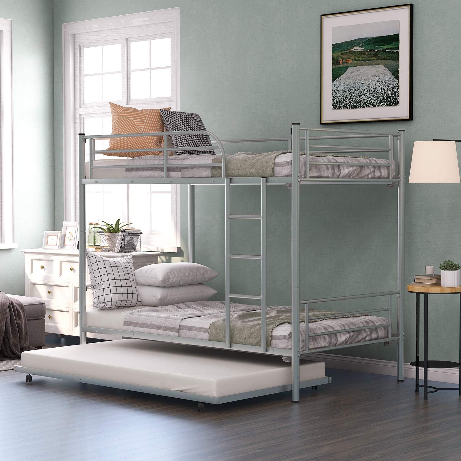 Buy Steel Bunk Bed with Trundle, Twin Over Twin Metal Bunk Bed Frame Convertible Into 3 Platform