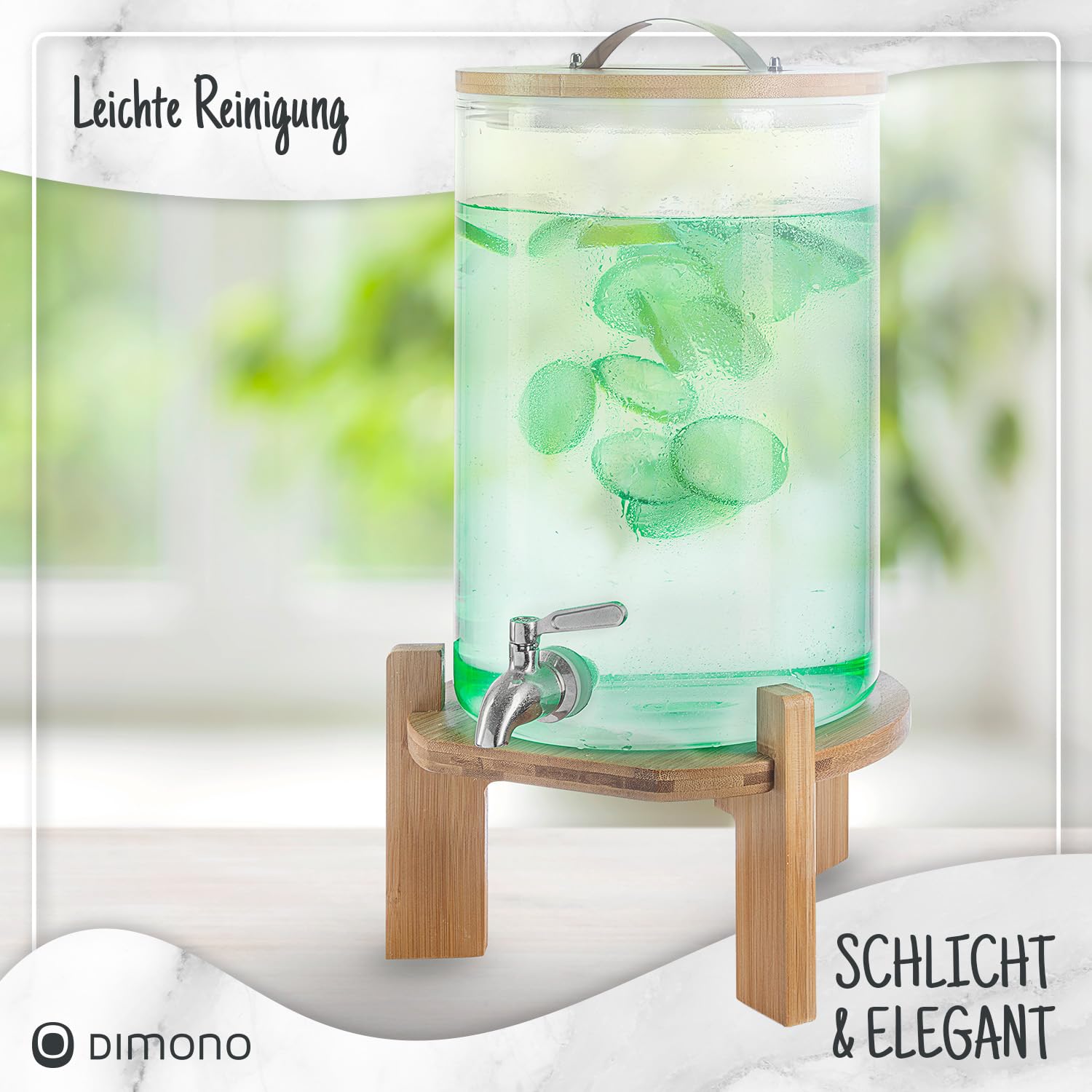 Distributeur de boissons avec robinet anti-goutte en acier inoxydable Distributeur d'eau en verre avec support en bambou et couvercle en verre borosilicaté résistant à la chaleur (8 litres)