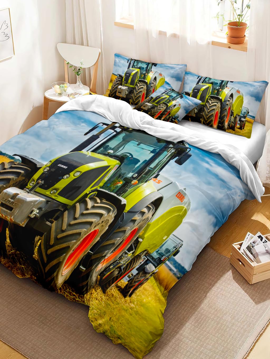 Set di biancheria da letto 3D con trattore 135 x 200 cm, copripiumino con motivo trattore per bambini ragazzi, morbido e comodo in microfibra, set da 3 pezzi con chiusura a zip
