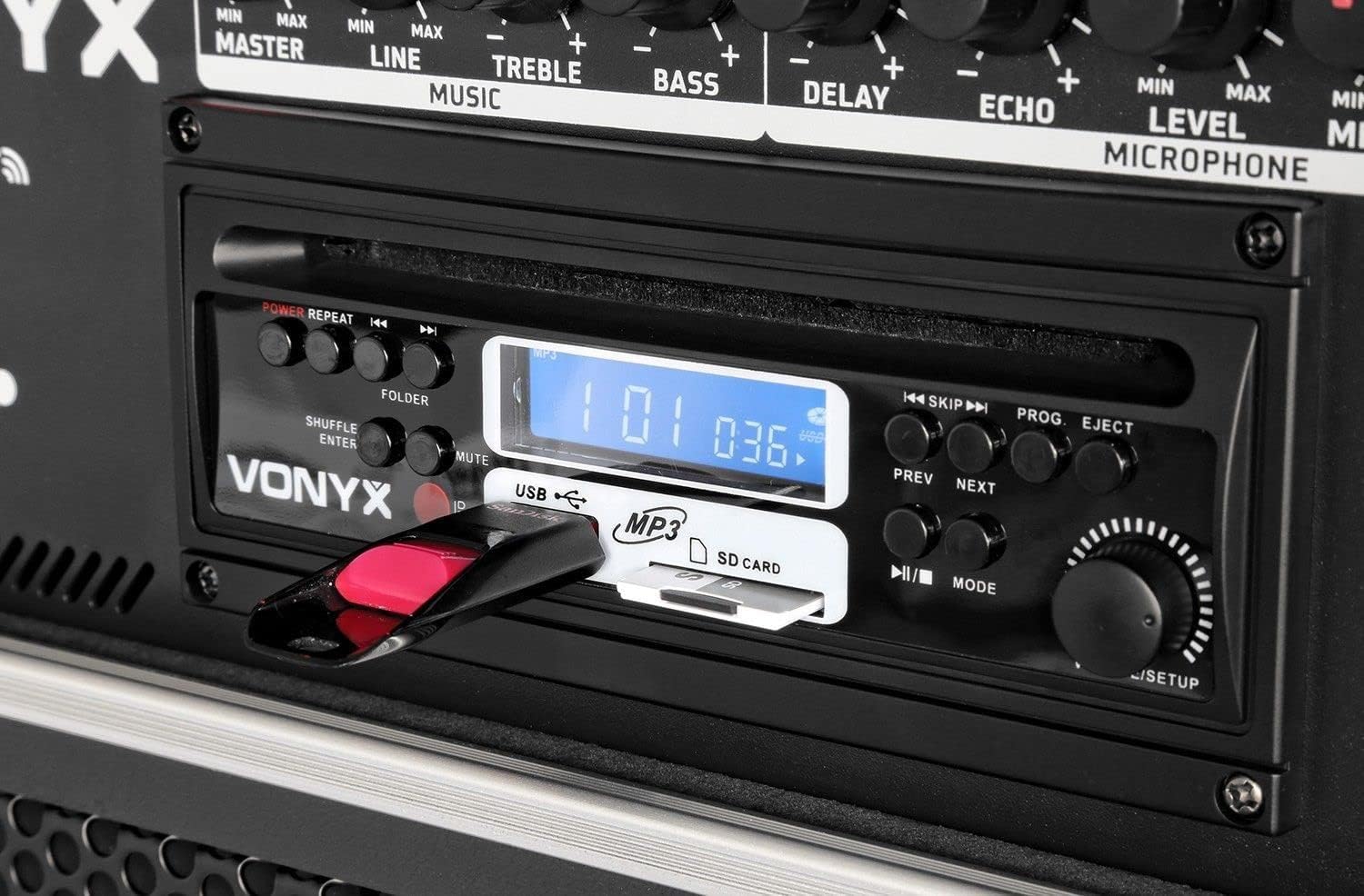 Close-up of the Vonyx ST180 media player controls and display