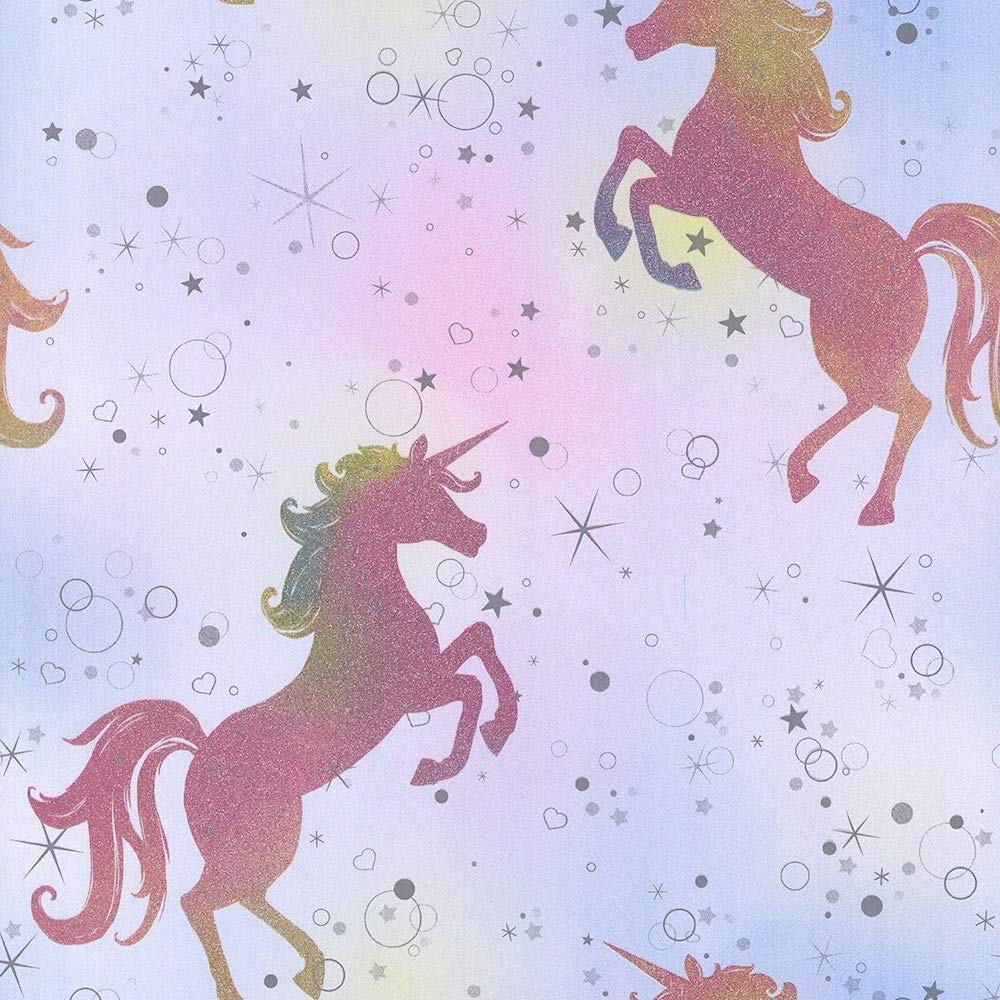 3 X Girls Pink Purple Unicorn Silver Glitter Vinyl Wallpaper Metallic Effect