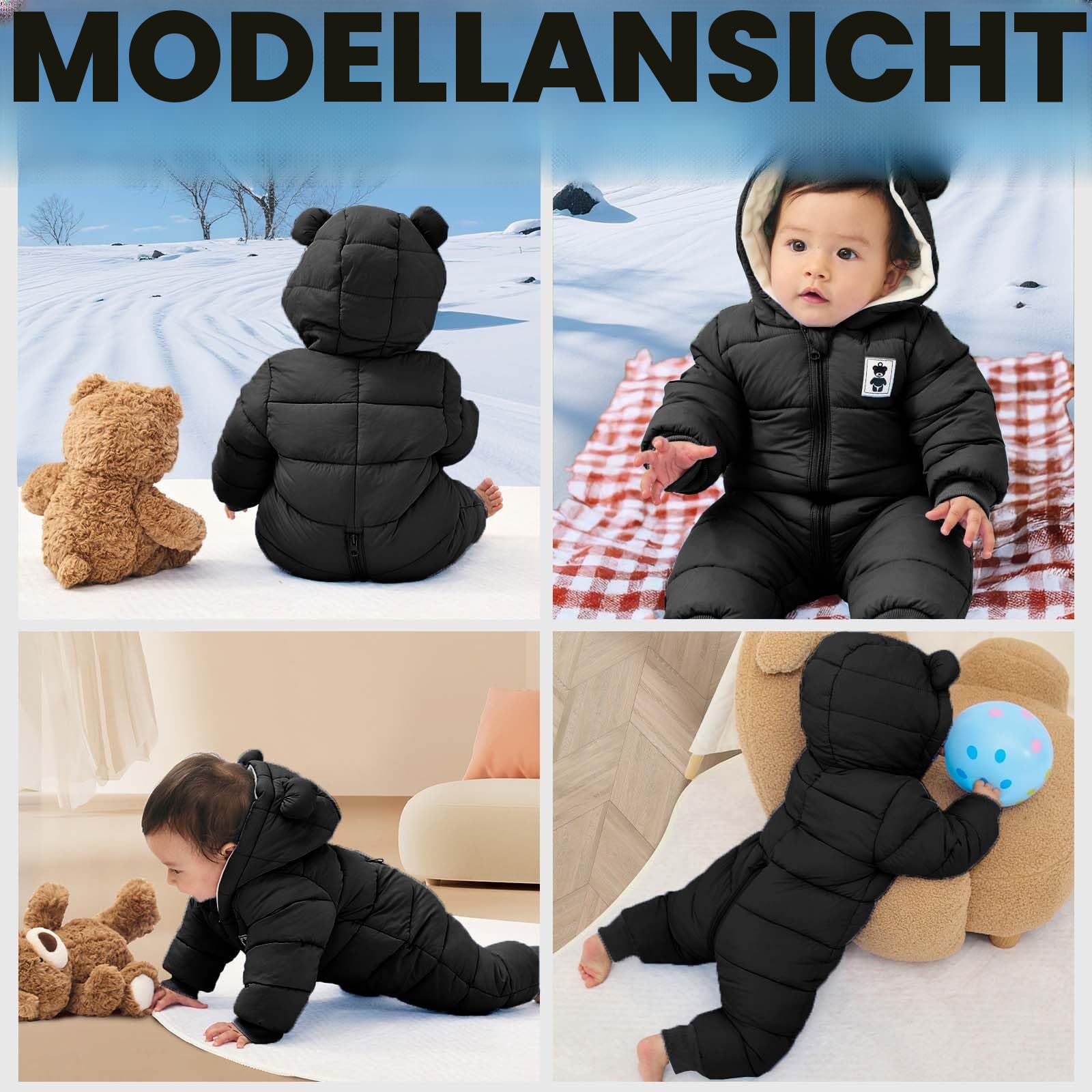 Baby Winter Overall mit Kapuze, Strampler Schneeanzug Jungen Mädchen Langarm Jumpsuit Warm Outfits Geschenk 0-12 Monate