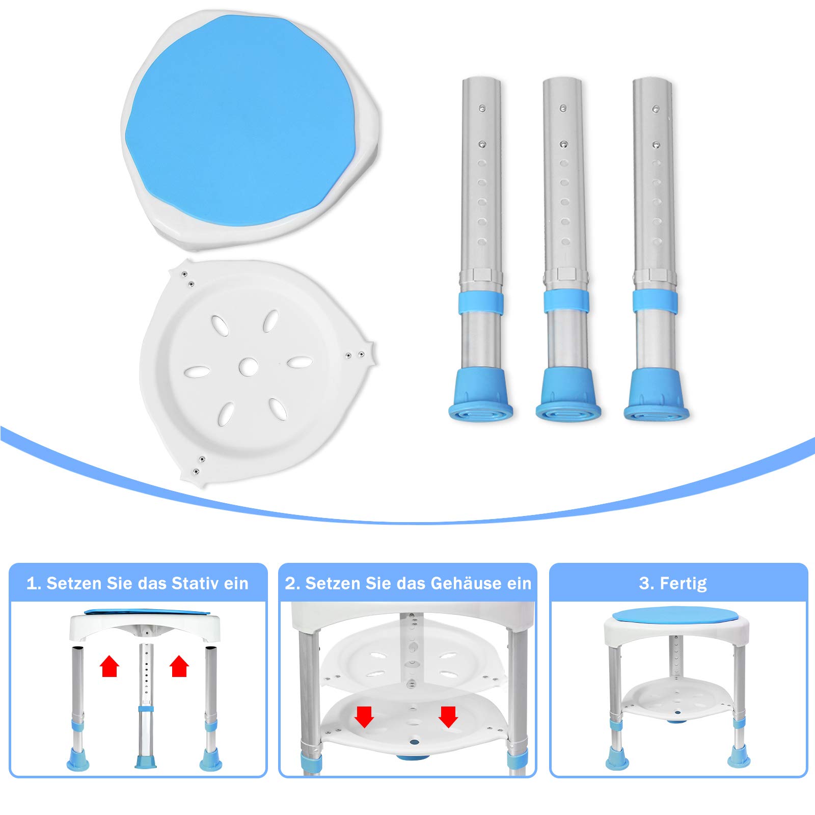 Froadp 360° Girevole Sgabelli da Bagno in Alluminio, Sedile da Doccia Senza Schienale, Sgabello Regolabile in Altezza, Sedia con Piedini Antiscivolo per Anziani Donne Incinte (Tipo C, Carico 200KG)
