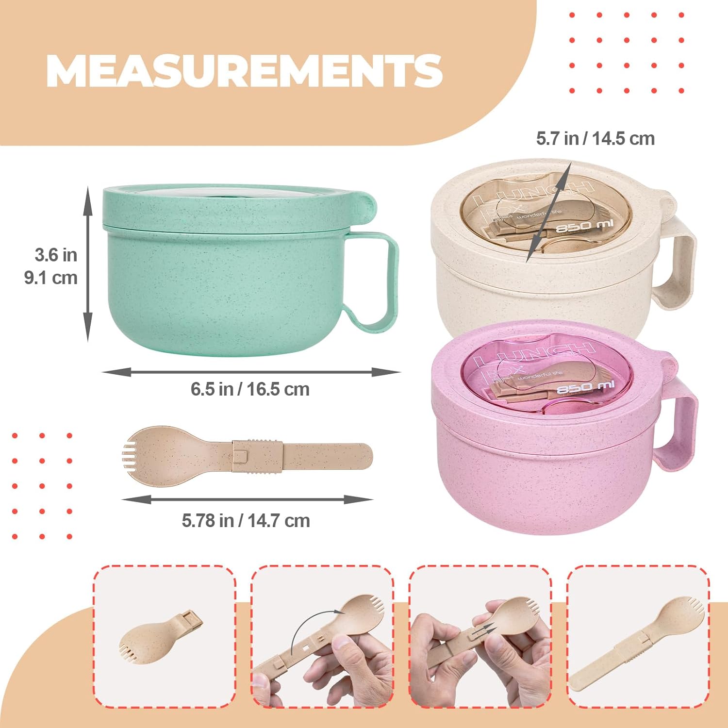 MATICAN Microwave Soup Bowl with Lid, 3-Pack Soup Mug with Lid, Microwave Containers for Ramen Noodles, Soup, Beverages, 28.74 Ounces, Pink, Mint, Eggshell White, Includes Spork
