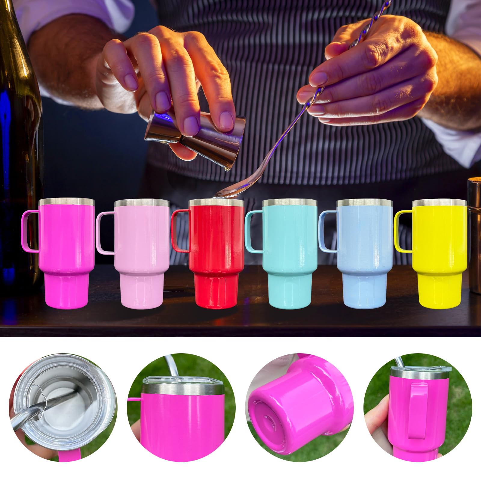 Confezione da 10 mini bicchierini da shot con cannuccia e coperchio, in acciaio inox, con manico, per feste di nozze, whisky, cocktail bar (colori misti)