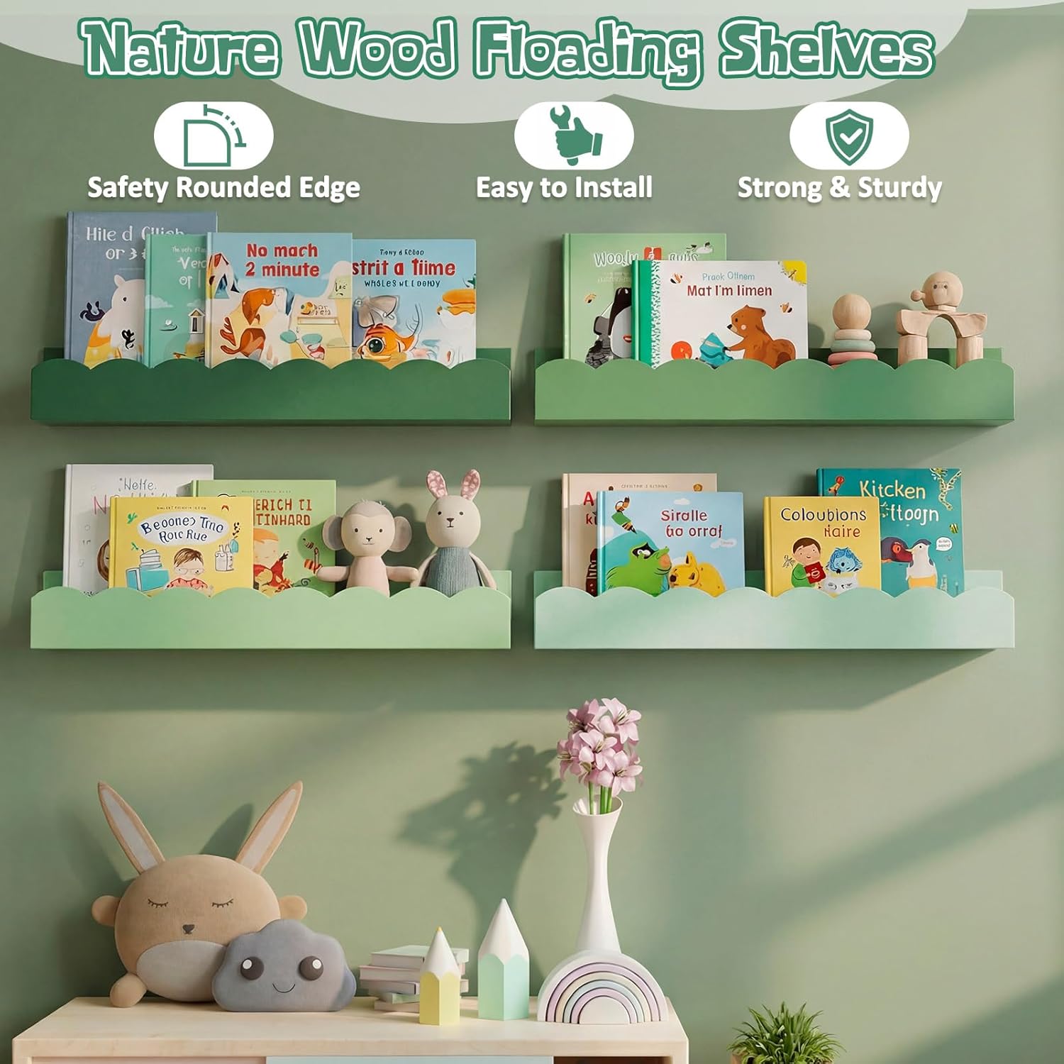 4 Pcs Sage Green Scalloped Nursery Book Shelves, 15.75 Inch Wood Floating Wall Shelves for Bedroom, Cute Room Shelf for Picture Ledge Stuffed Animal Home Decor Kitchen Spice