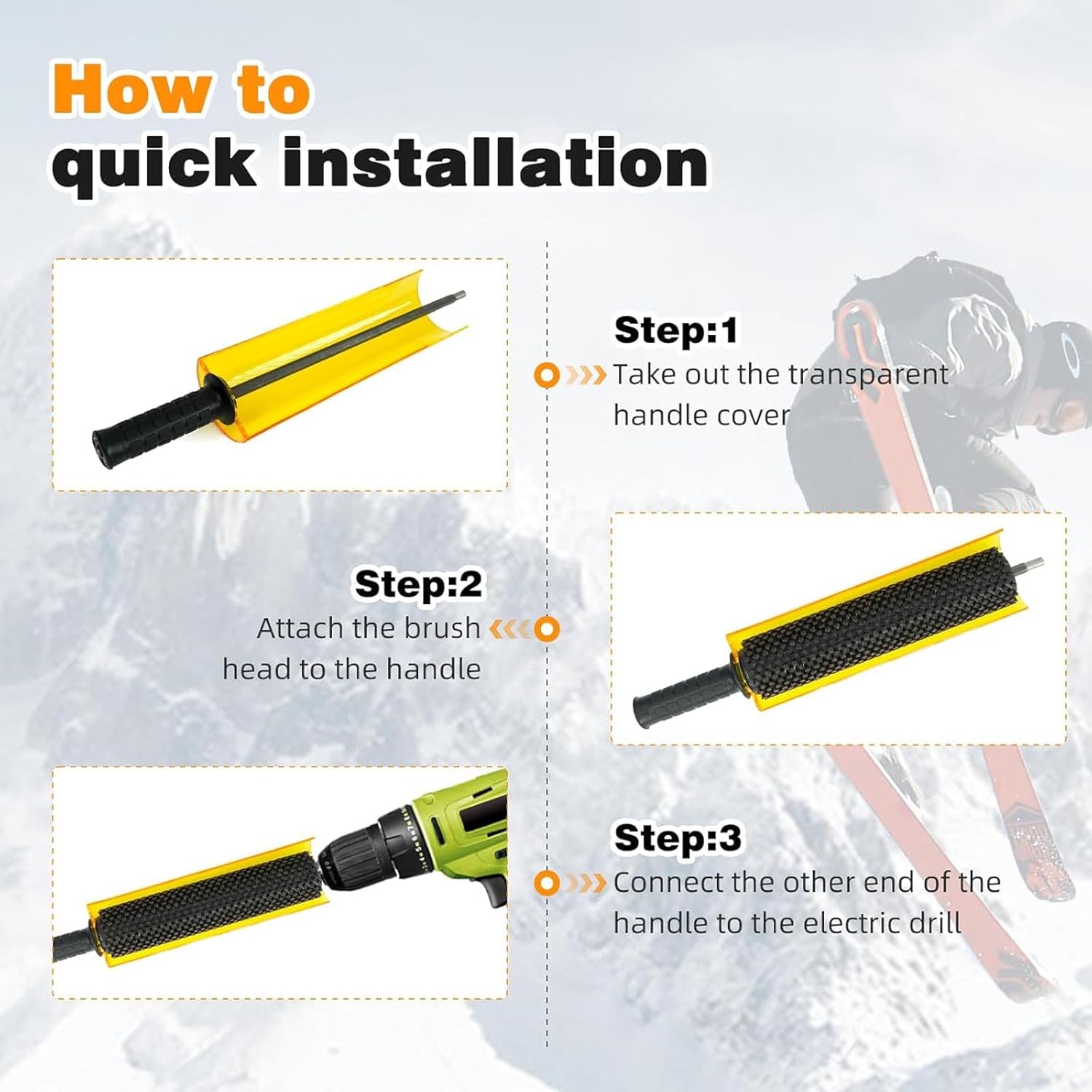 Ski Roto Brush Kit, Roto Brush Handle Axle, 150mm/200mm/300mm Roto Brush Handle Axle with All 3 Brushes Nylon, Brass, Horsehair for Waxing, Using on Electric Drill