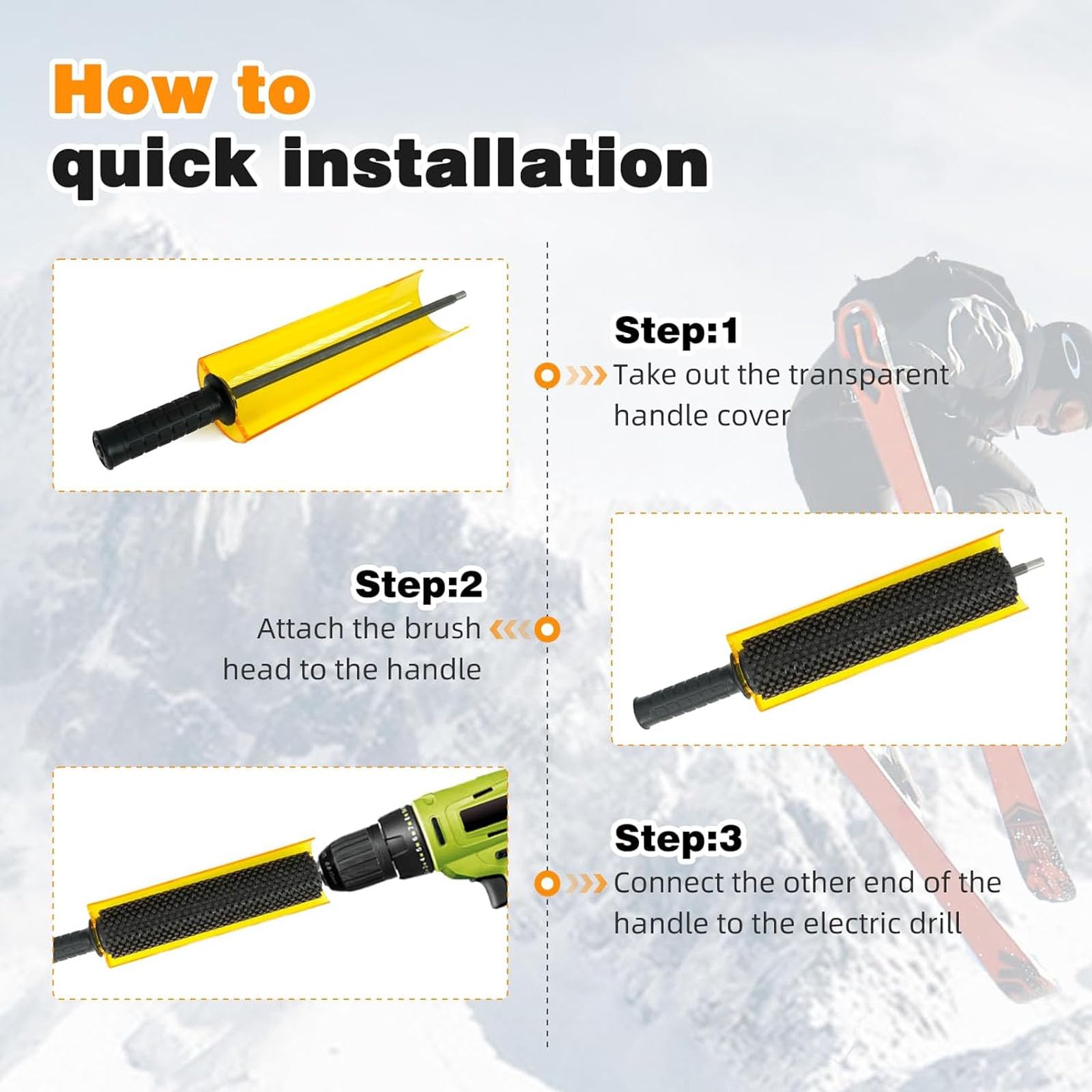 Kit de brosses rotatives pour skis, axe de poignée pour brosse rotative, axe de poignée de 150 mm/200 mm/300 mm avec 3 brosses (nylon, laiton, crin de cheval) pour le fartage,utilisation avec perceuse