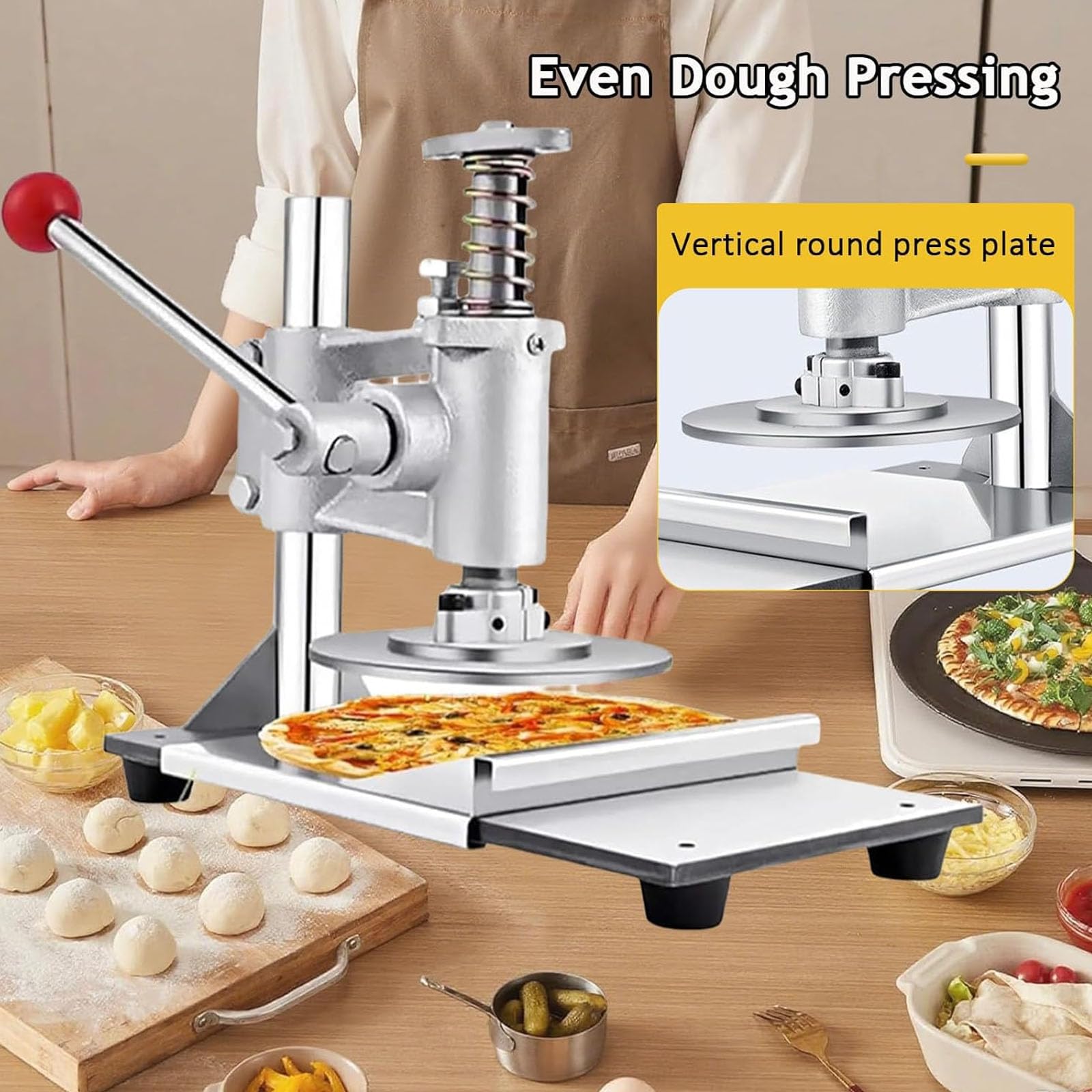 Pressa per Pizza, Pressa Manuale per Pizza in Acciaio Inox, Pressa Manuale Professionale con Spessore Regolabile, per Tortillas per Pizza Commerciali o per Famiglie da 16 cm