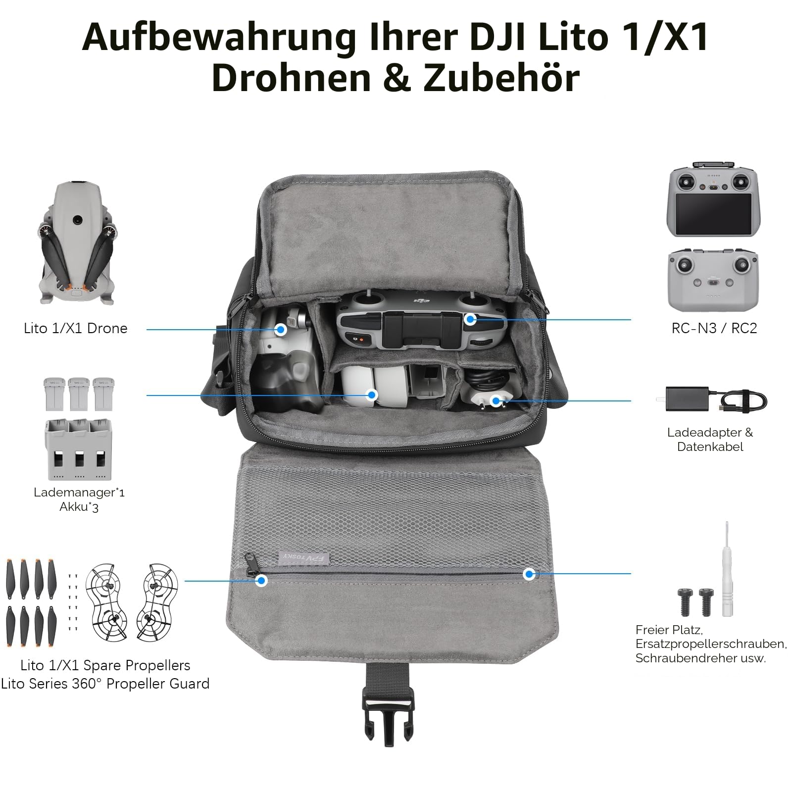 FPVtosky Schultertasche für DJI Lito X1/Mini 4K/NEO 2/Lito 1/Mini 3/4/5 Pro/Flip/NEO Serie, Reisetasche und Case für Kleine Drohnen, Premium Drohnen-Zubehör