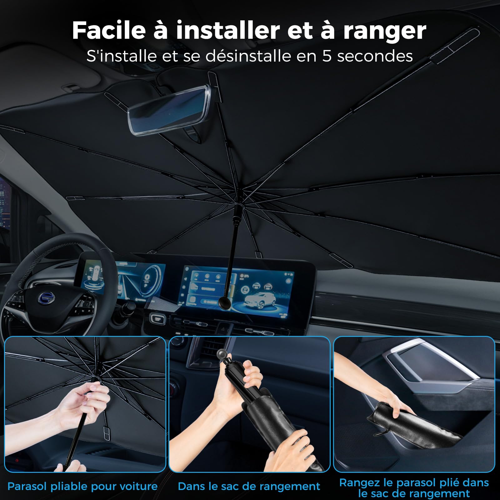 Pare Soleil Voiture Parapluie,Pare Soleil Parapluie pour Voiture,Parasol de Pare-Brise pour Voiture,Rotation à 360°, Pare-Soleil UV pour la Plupart des Voitures (75 cm × 135 cm)