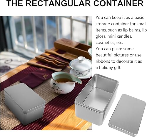 Miniatura 7 de NUOBESTY Caja de lata rectangular vacía, contenedor portátil de almacenamiento de té con tapa, caja de almacenamiento para el hogar para dulces de