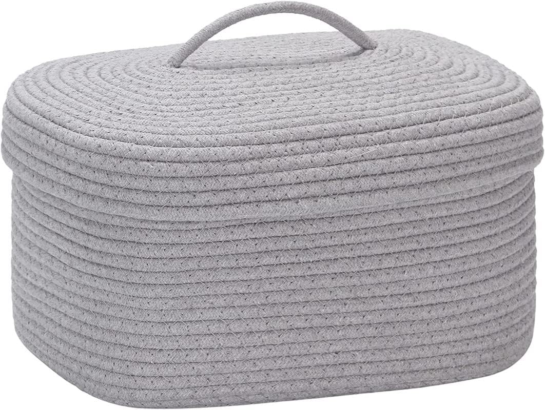 Cotton Rope Storage Basket with Lid, Woven Basket, 38 x 28 x 16.5 cm (Grey)-image-32