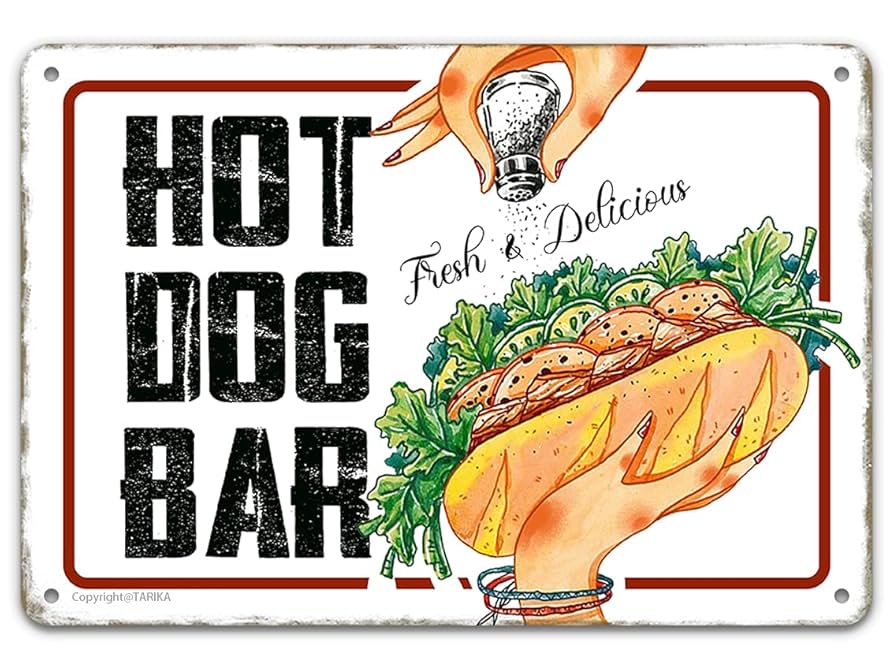Amazon.com: Funny Hot Dog Bar Tin Signs, Fresh and Delicious Fast Food Metal Retro Vintage Painting Poster Wall Decor for Hot Dogs Truck Home Kitchen Restaurant Bar Pub Restaurant Shop,12x8 inch : amazon-com-funny-hot-dog-bar-tin-signs-fresh-and-delicious-fast-food-metal-retro-vintage-painting-poster-wall-decor-for-hot-dogs-truck-home-kitchen-restaurant-bar-pub-restaurant-shop-12x8-inch