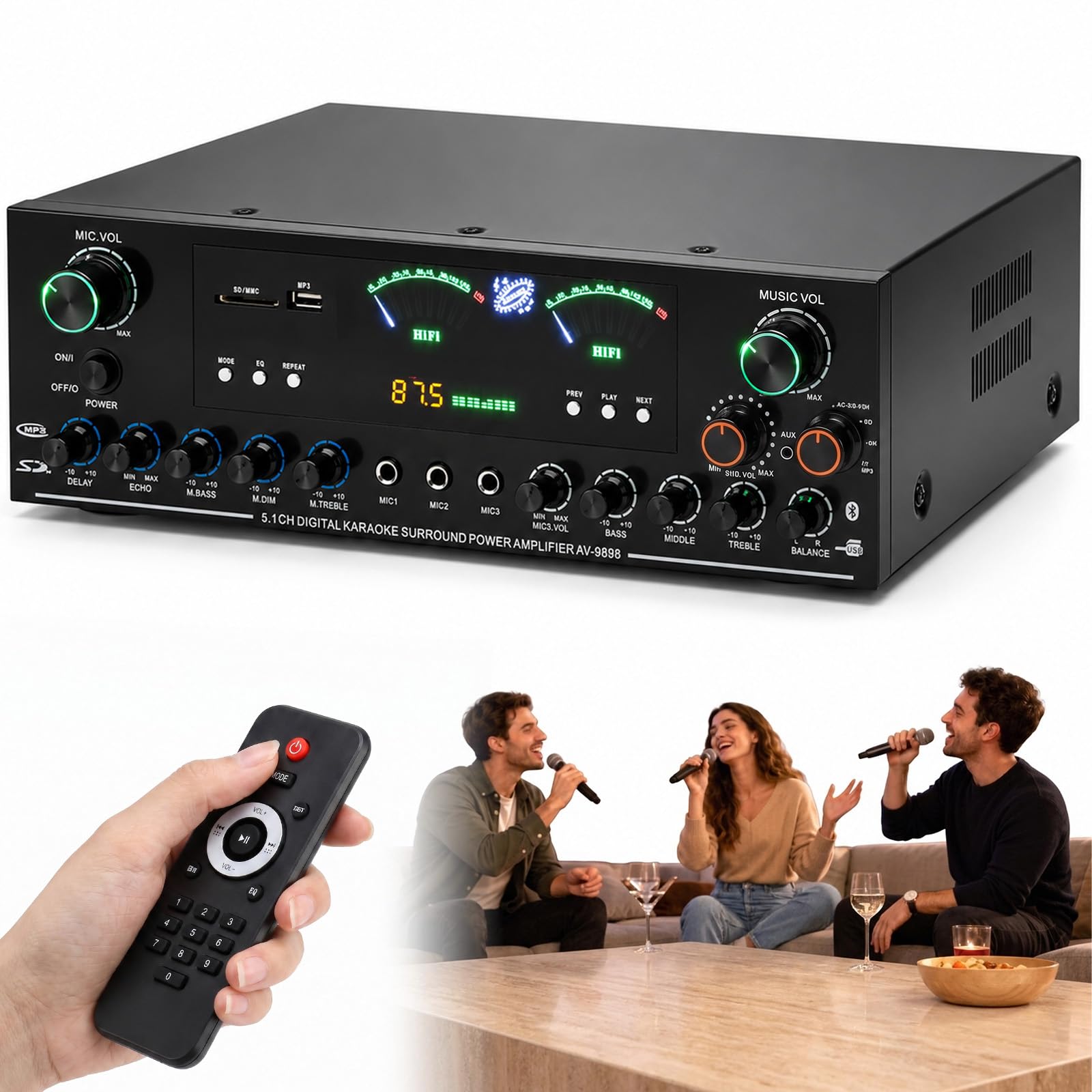 Amplificatore stereo HiFi a 5.1 canali, potenza di picco 3000 W, subwoofer, home theater, amplificatore con Bluetooth 6.0, riproduzione USB/SD, 3 ingressi microfono, 8 livelli terminali con sistema di