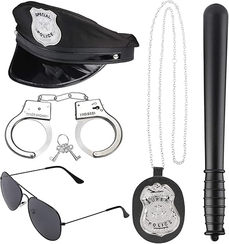 Beelittle Accesorios de disfraz de policía, sombrero, esposas, insignia de policía, policía, Swat, FBI Cosplay