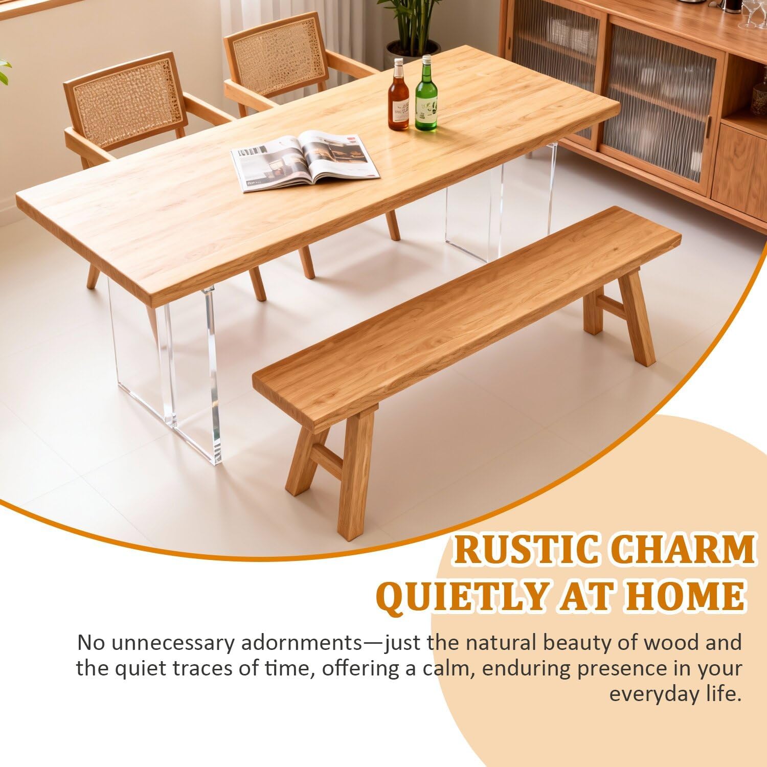 Solid Wood Entryway Bench - Farmhouse Dining Bench for Hallway, Bedroom, Kitchen - Rustic Elm Wood Furniture, 2-Person Seating Capacity