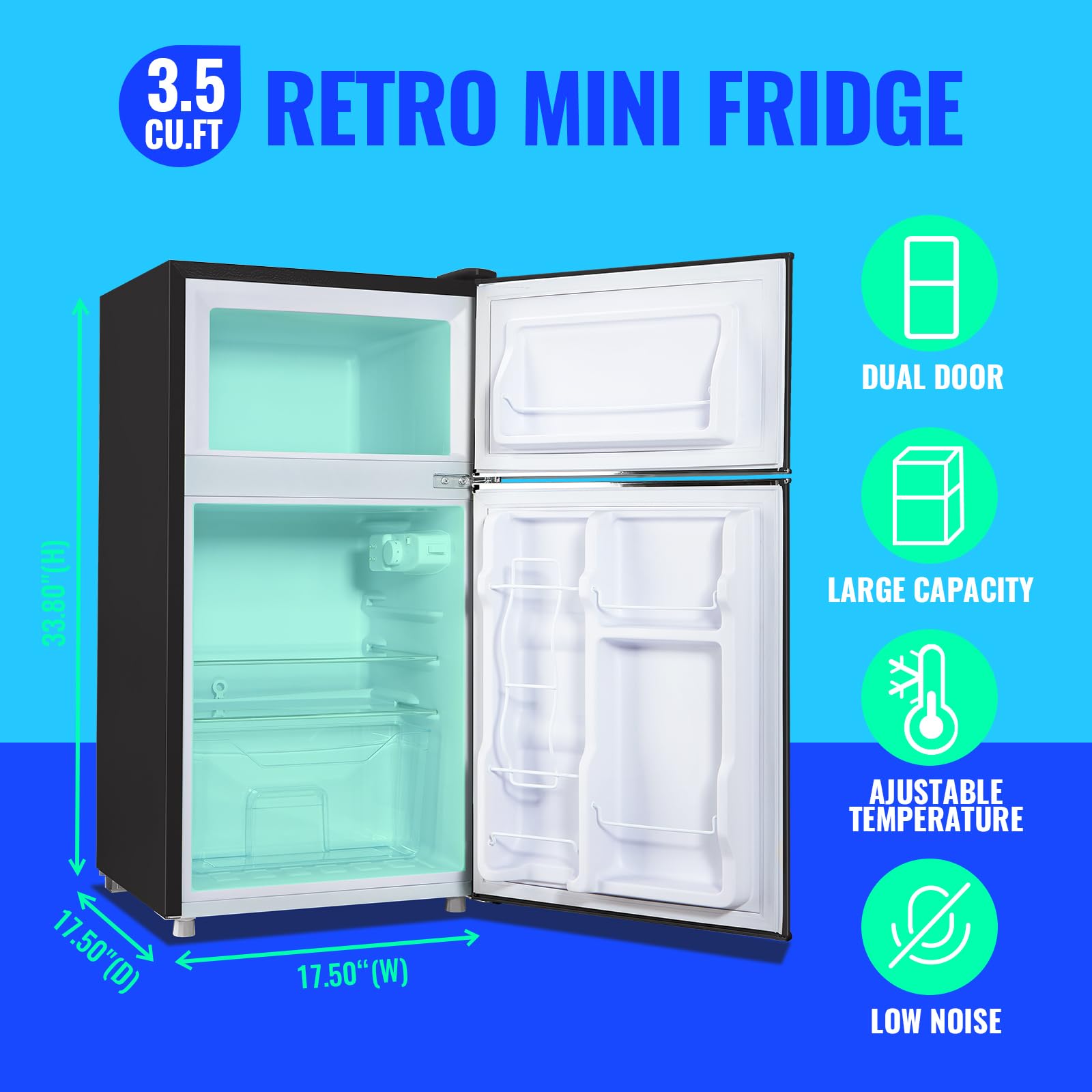 Tacool Mini Refrigerator With Freezer Small Fridge Double Door Side Drink Holder Adjustable Glass Shelves, Plastic Crisper, 7 Level Temperature Control For Bedroom, Office, Apartment Black on Fridge.com - View 2