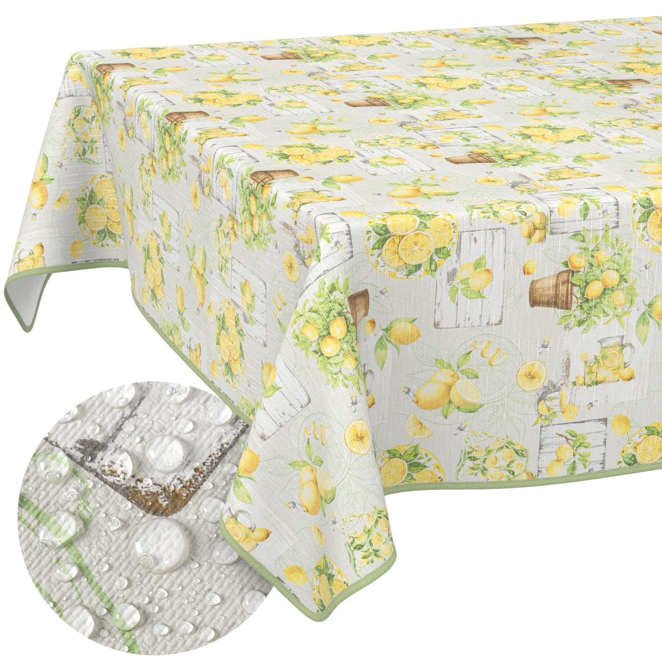 Oilcloth Tablecloth, Washable, Wax Tablecloth, Easy Care, Water-Repellent, Lotus Effect, Outdoor, Lemon Oilcloth, Garden Tablecloth, Lemons, 240 x 140 cm with Hem (Edged)
