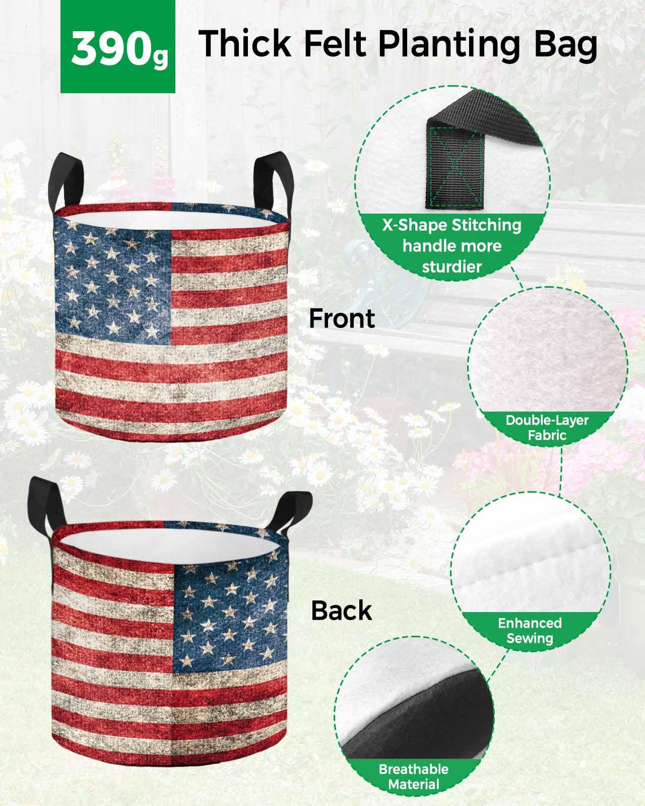 Sacs de culture de 5 gallons - Sac de plantation vintage - Drapeau américain - En tissu à rayures rouges - Avec poignée - Sac de culture pour légumes, pommes de terre, tomates, étoile patriotique sur