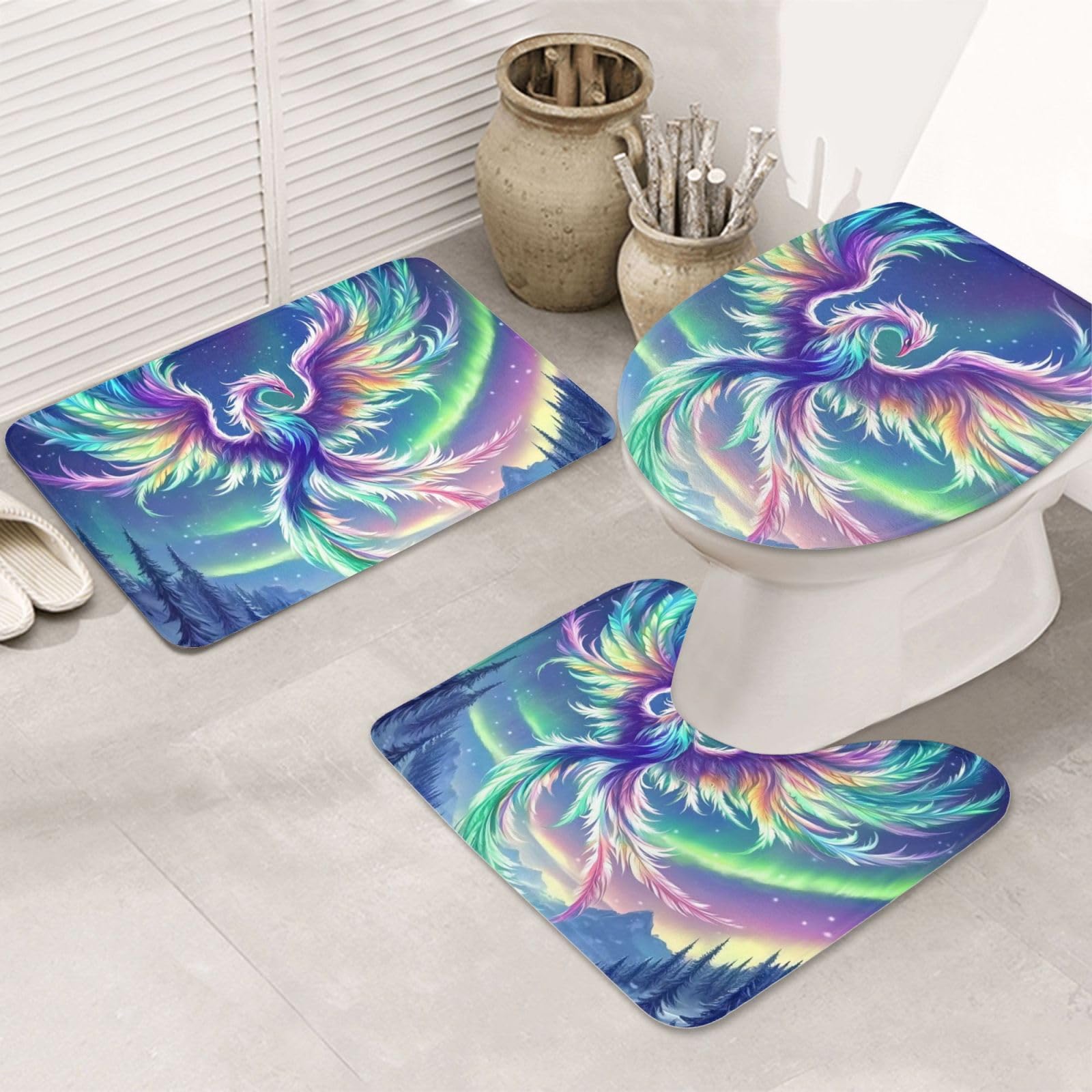 Alfombras de baño Phoenix Juego de 3 piezas con alfombrilla de contorno y funda de inodoro suave