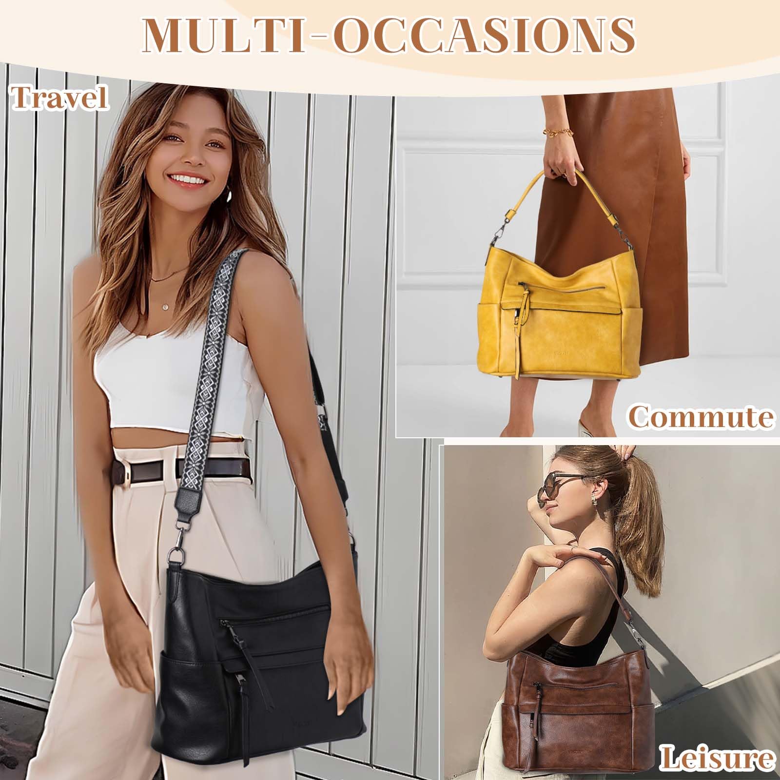 VASCHY Torba hobo dla kobiet, średnia wegańska skórzana torebka na ramię, portfel, zestaw, torba na ramię z paskiem do gitary crossbody,