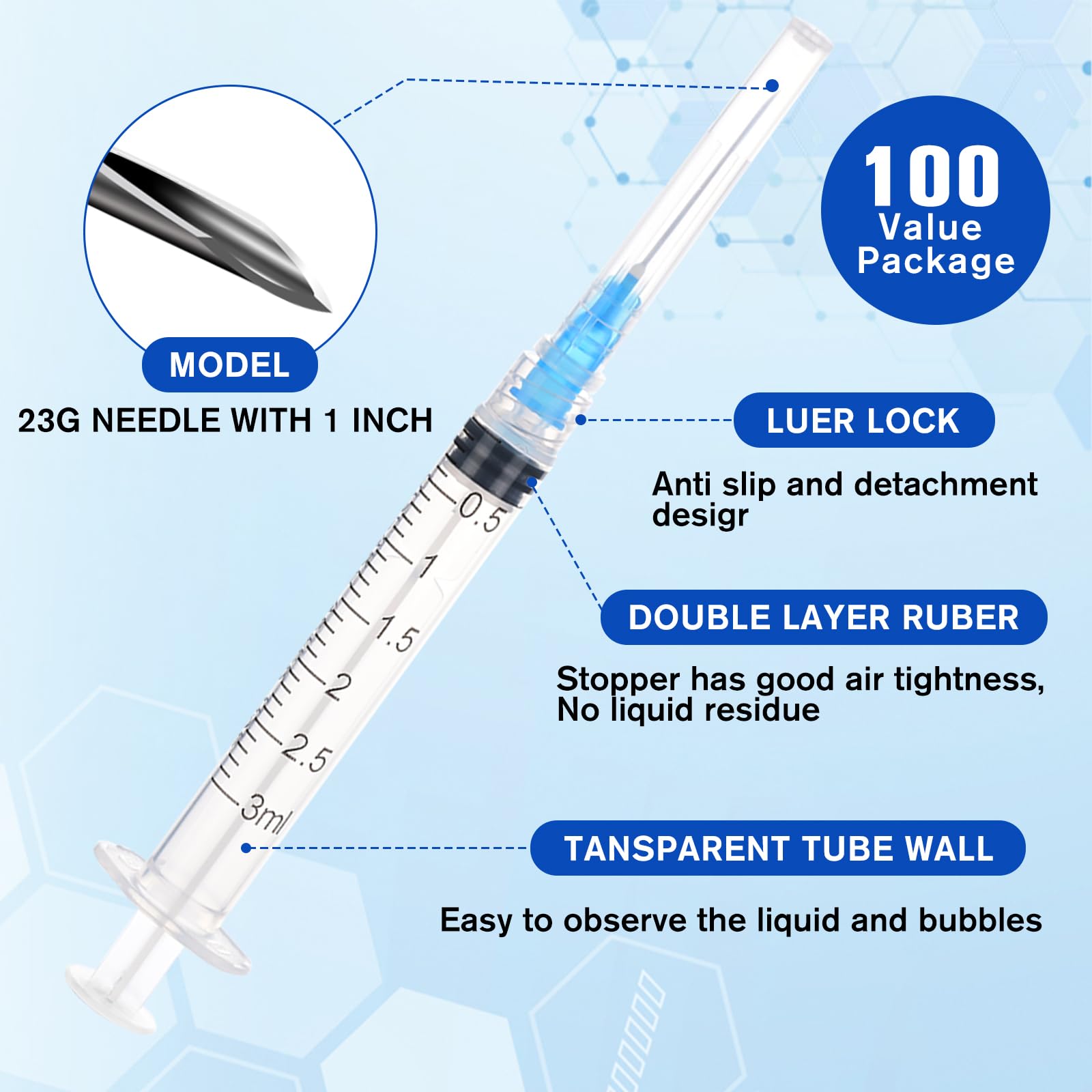 100 Pack 3ml with 23 Ga 1 Inch Lab Luer Lock Syringe — Amazon image 2