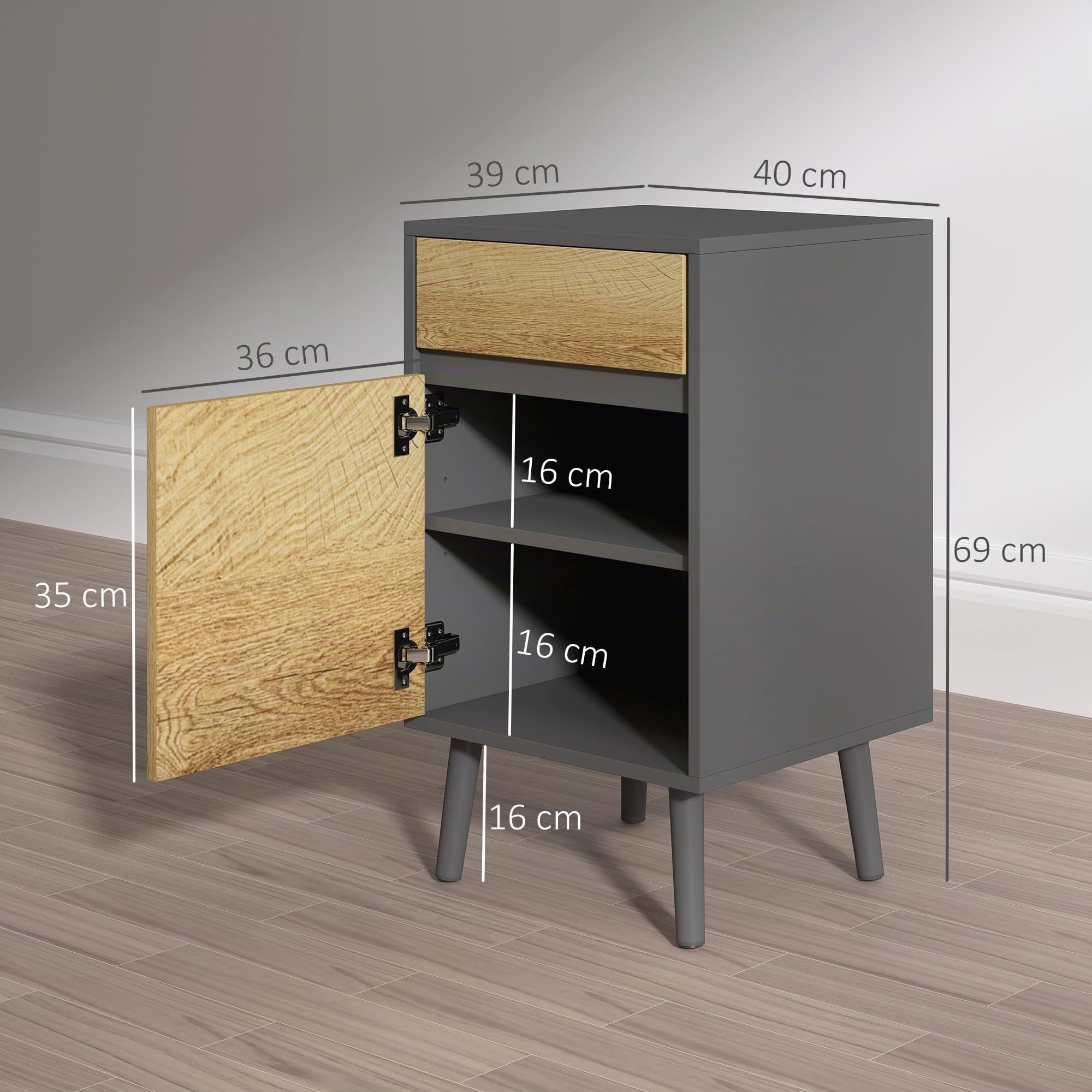 HOMCOM Comodino Camera da Letto con Cassetto Grigio Scuro e Color Legno