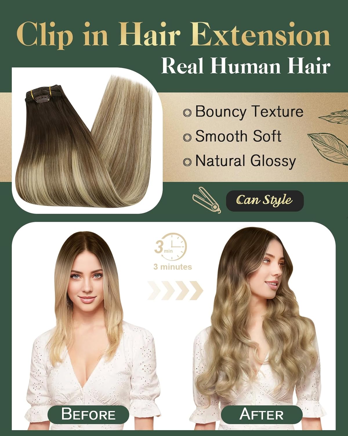 Ugeat Clip in Hair Extensions Real Human Hair, Real Human Hair Extensions Clip ins 20 Inch 7pcs 120g, Chocolate Brown Balayage Medium Brown Mix Bleach Blonde