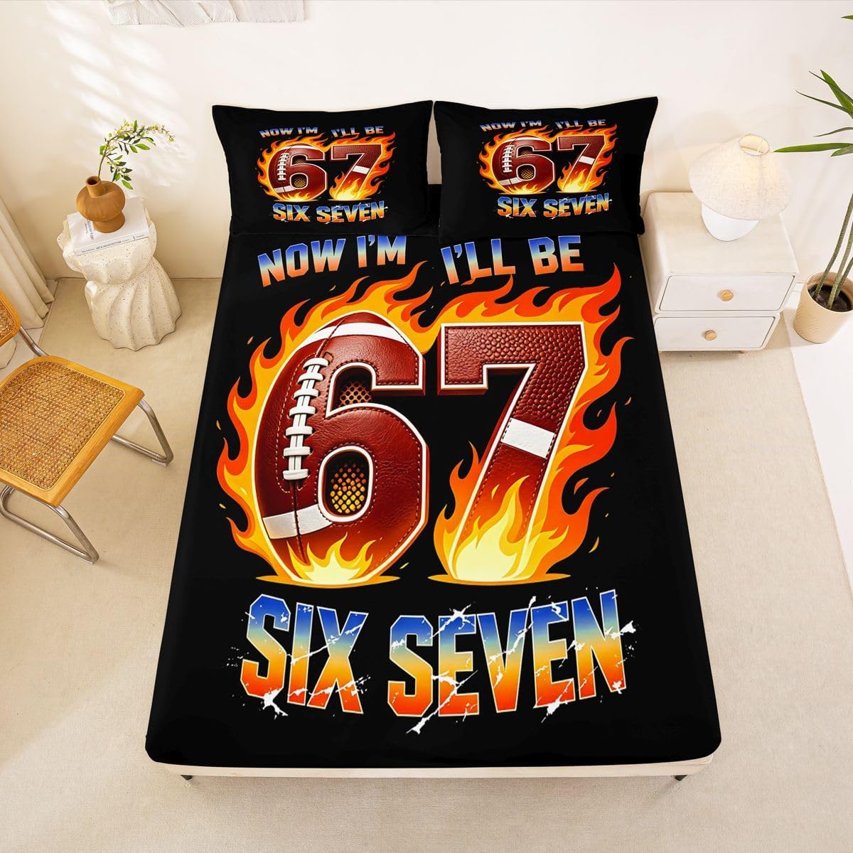 Erosebridal 67 Number Print Bed Sheets Full | Funny Trendy Print Theme Fitted Sheet Rugby Football Sports Bedding Set for Kids Boys Girls,Fire Six Seven Rugby Bed Cover 3 Pcs
