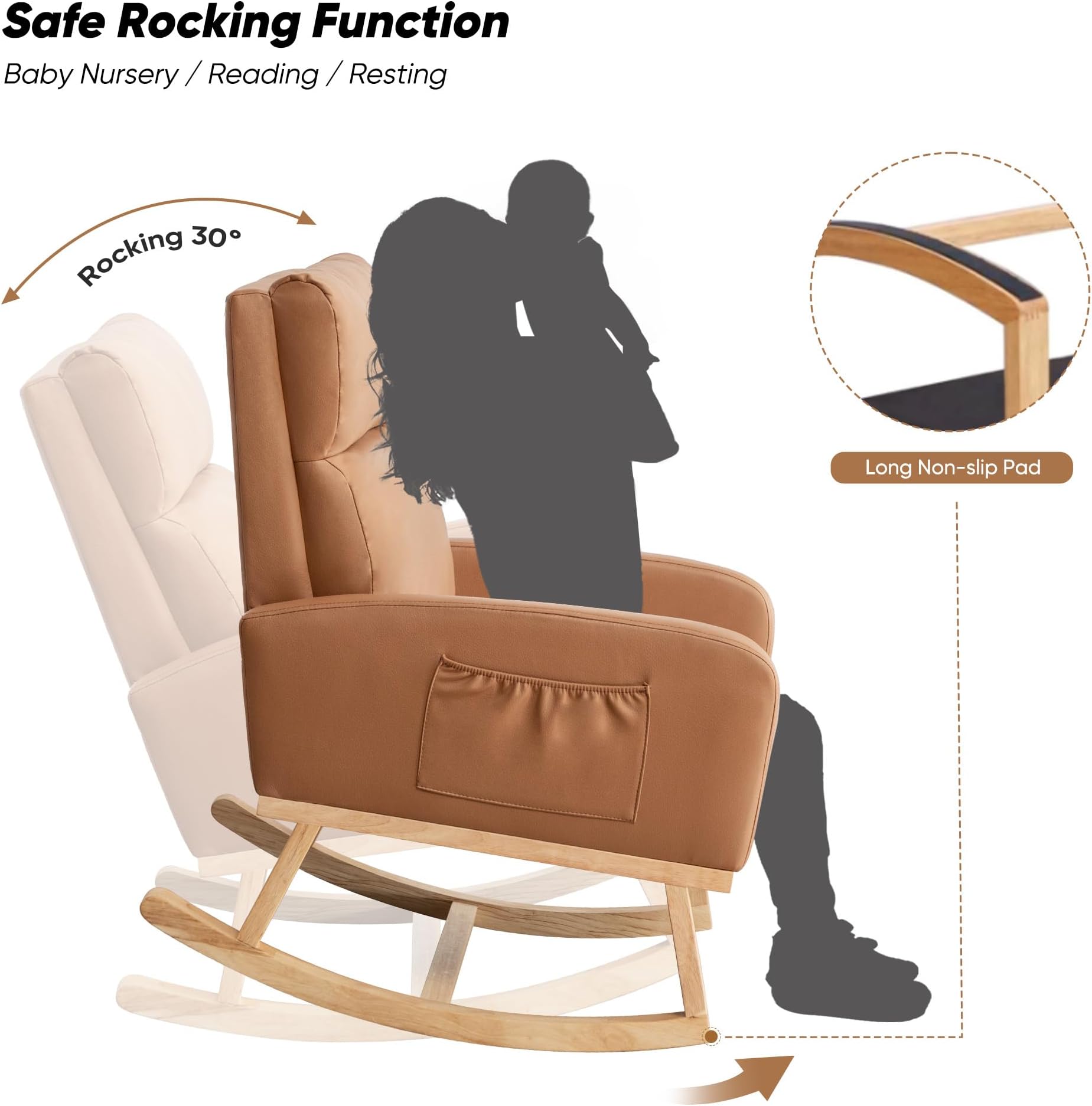 Rocking Chair Nursery, Leather Nursing Rocking Chairs, Upholstered Nursery Glider Rocker for Mom Nursery Morden Accent Rocking Chair with Side Pocket for Living Room,Bedroom, PU Orange