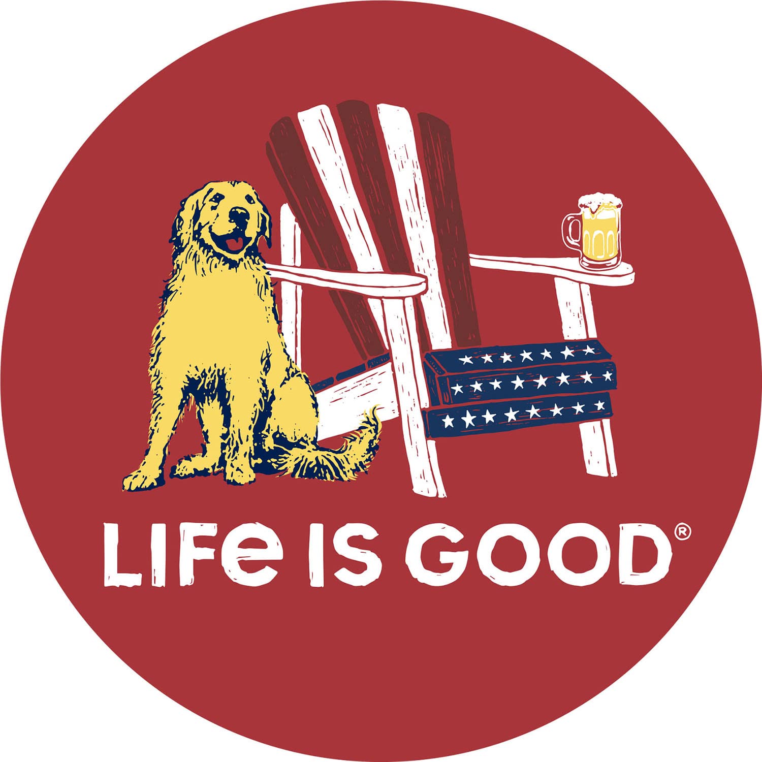 Life is Good. 4"" Circle Sticker Americana Adirondack, Faded Red