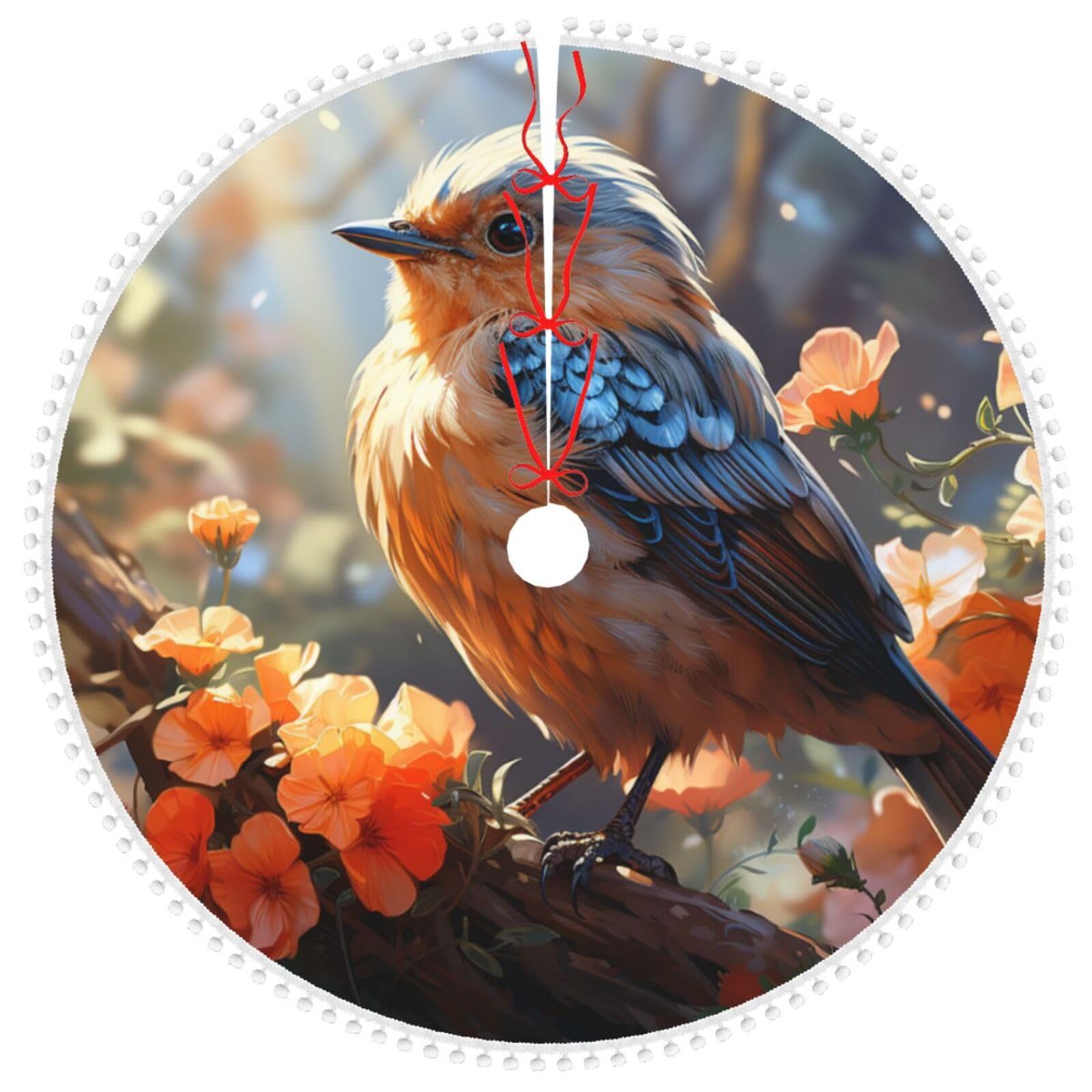 Jupe de sapin de Noël en tissu rustique 122cm motif oiseaux fleurs et pompons