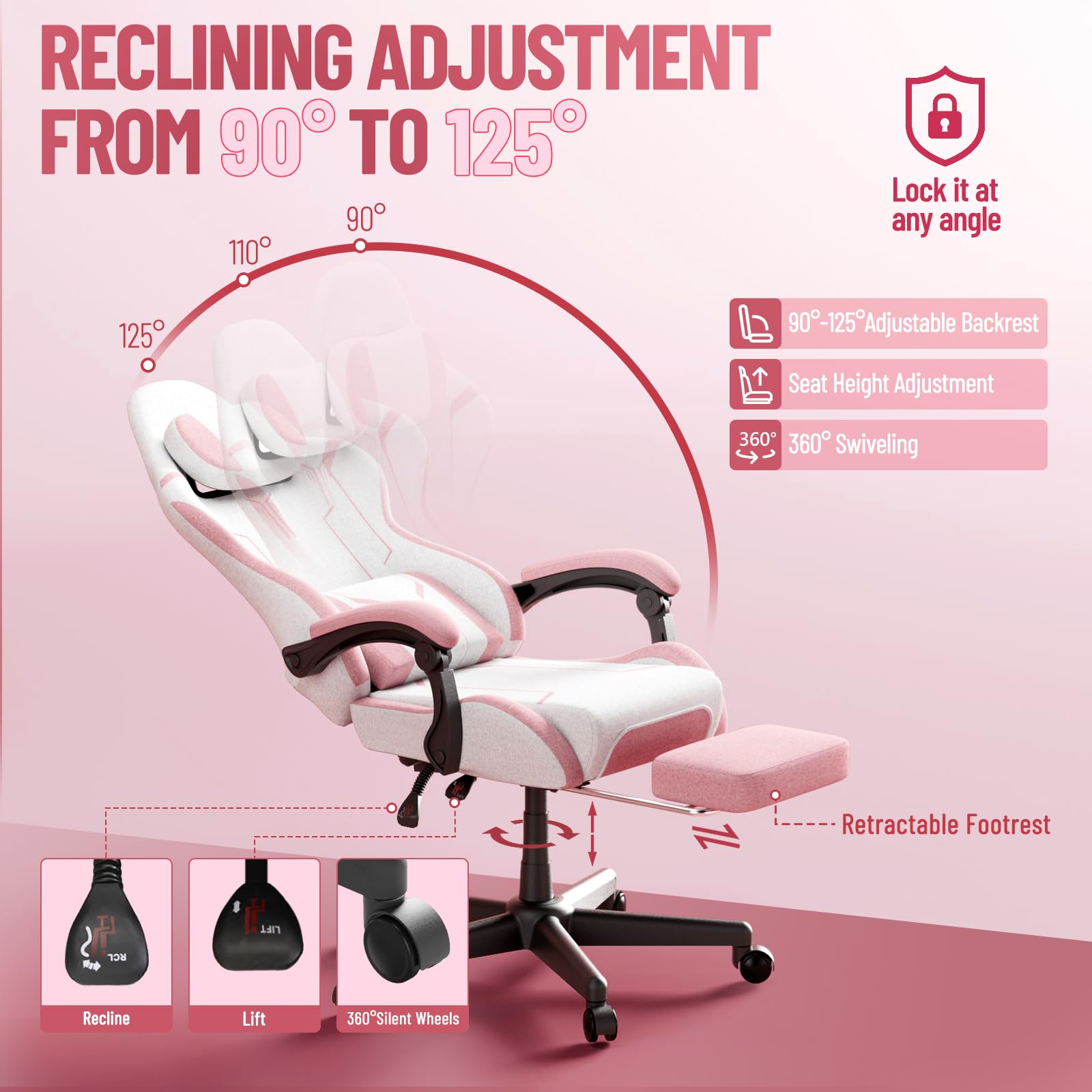 Chaise Gaming, Fauteuil Gamer - Massage Coussin Lombaire, Siege Gaming Dossier Inclinable à 135°, Chaise de Bureau Ergonomique Repose-Pieds Rétractable, Siège Large Confortable Leathaire-Velours, Rose