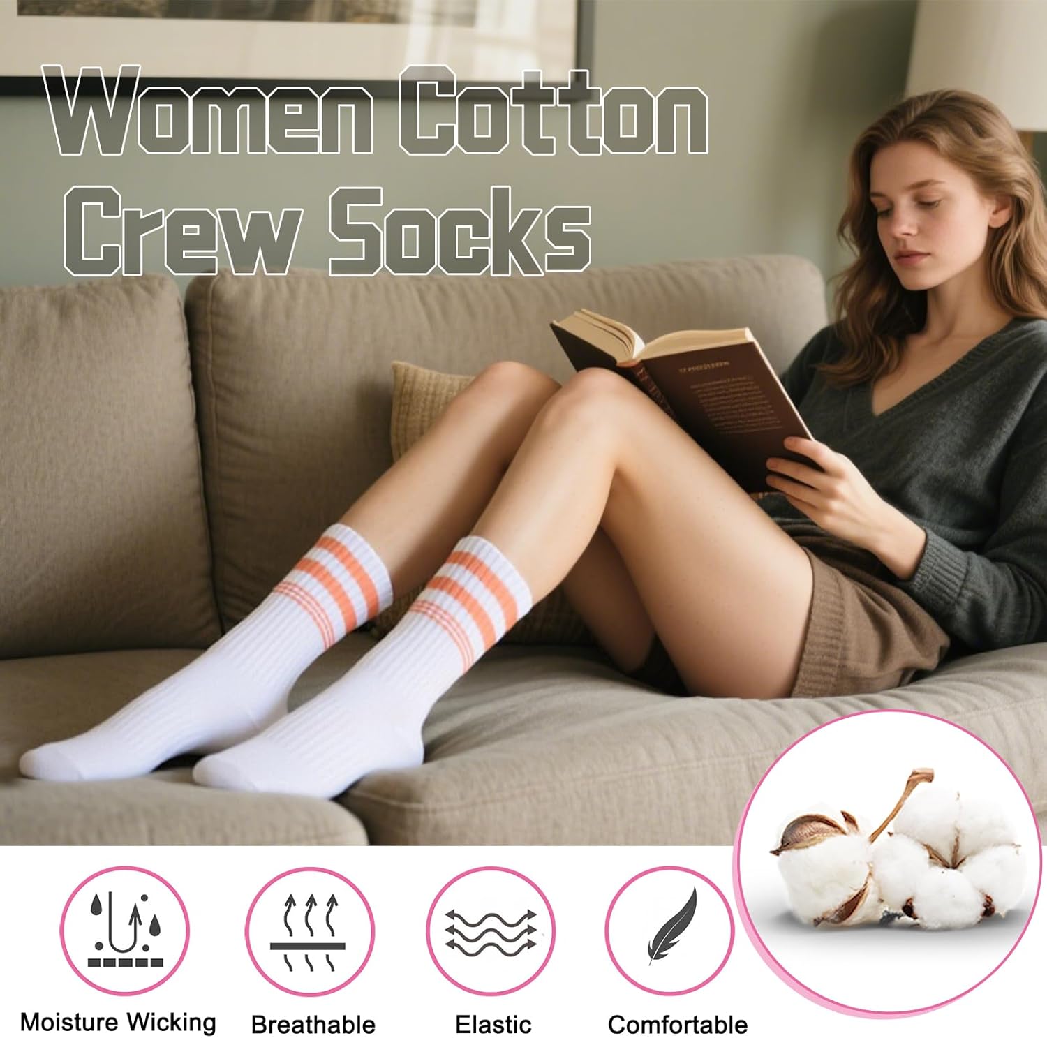 eallco 7 Pairs Womens Crew Cotton Socks Casual Breathable Striped Calf Socks for Women - Image 4