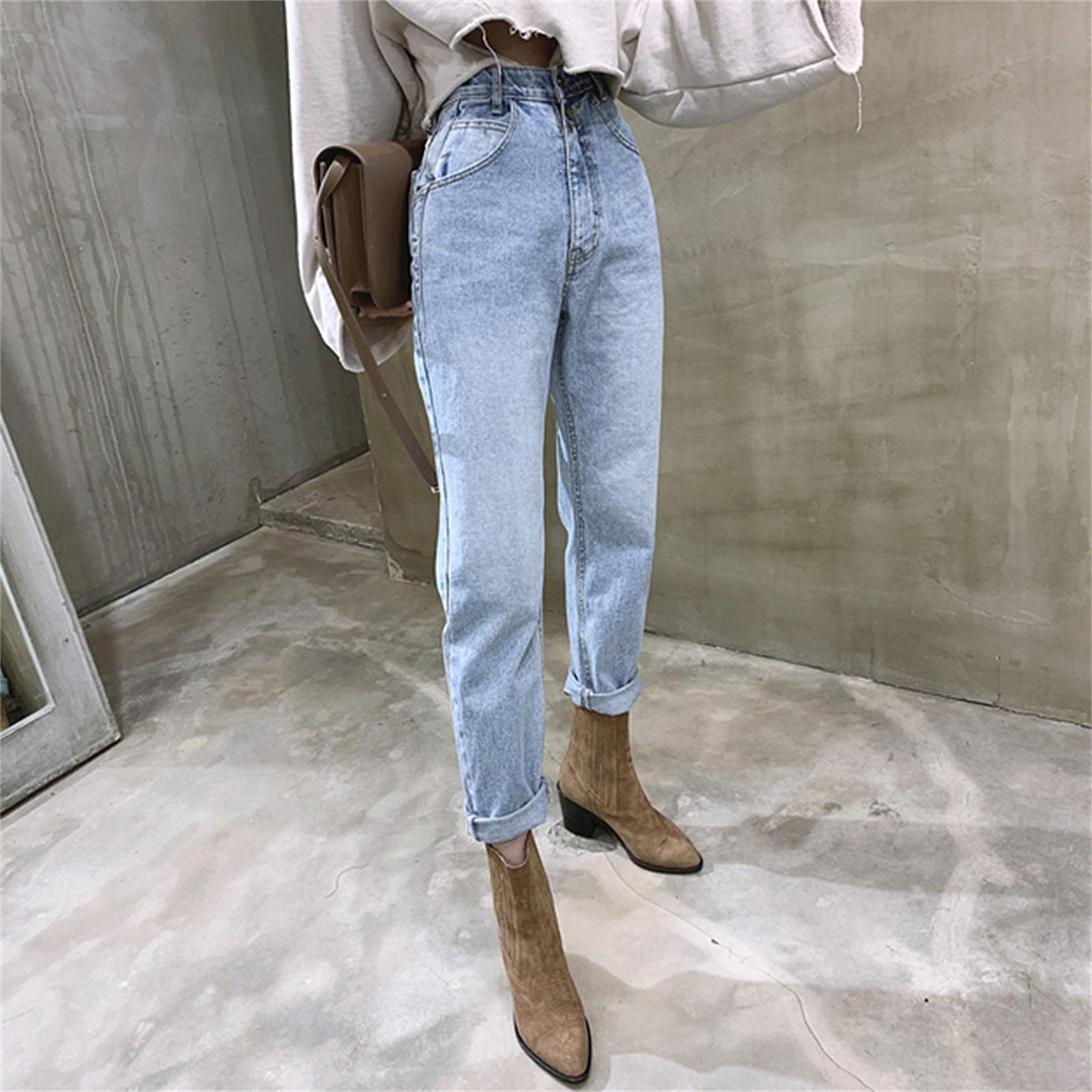 UKKO Jeans da Donna Pantalone Annata dei Jeans Dritto della Vita Alta per Le Donne Streetwear Streetwear Shoes Shouser