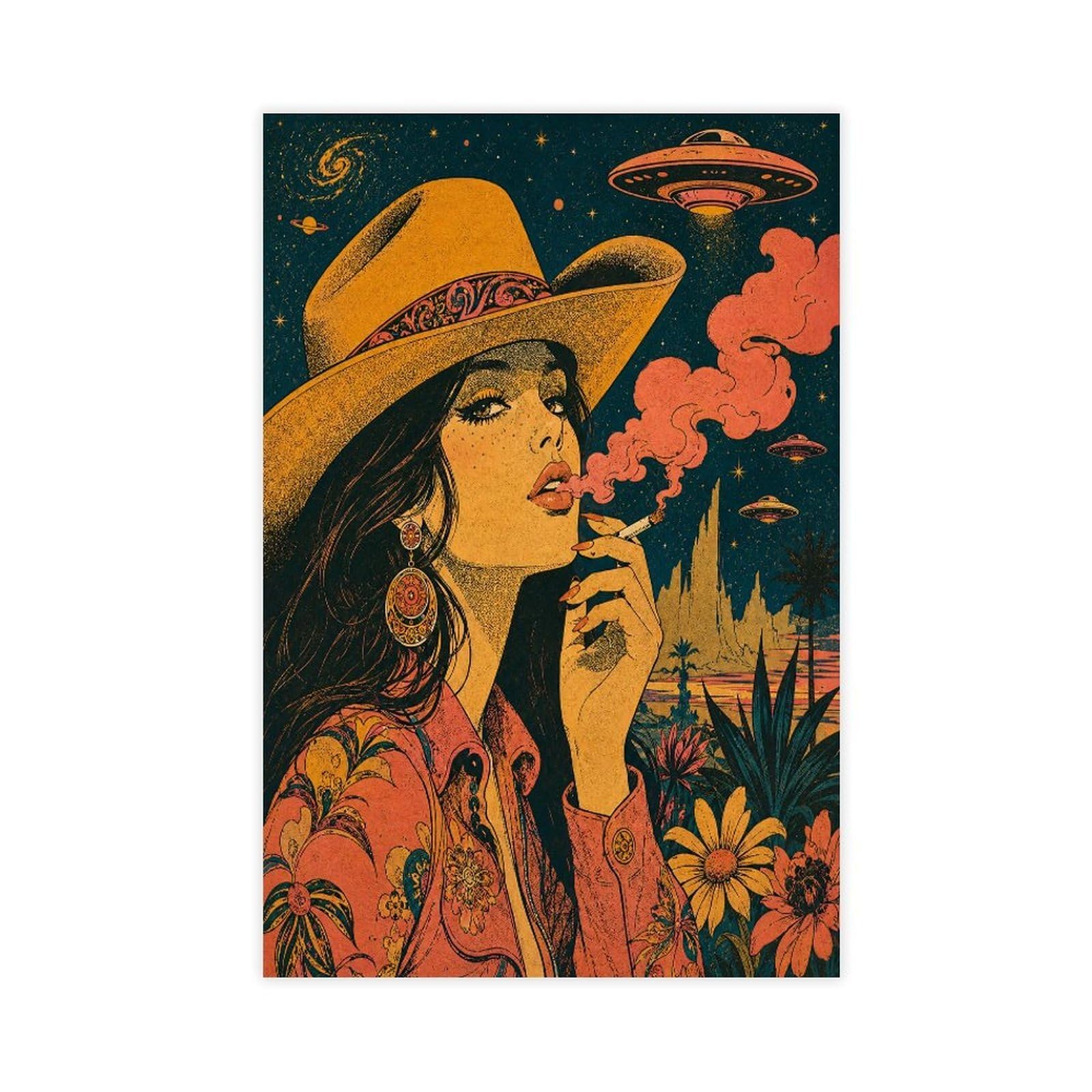 W7C8U2X3 Cowgirl with UFO Canvas Wall Art, Retro Sci Fi Studio